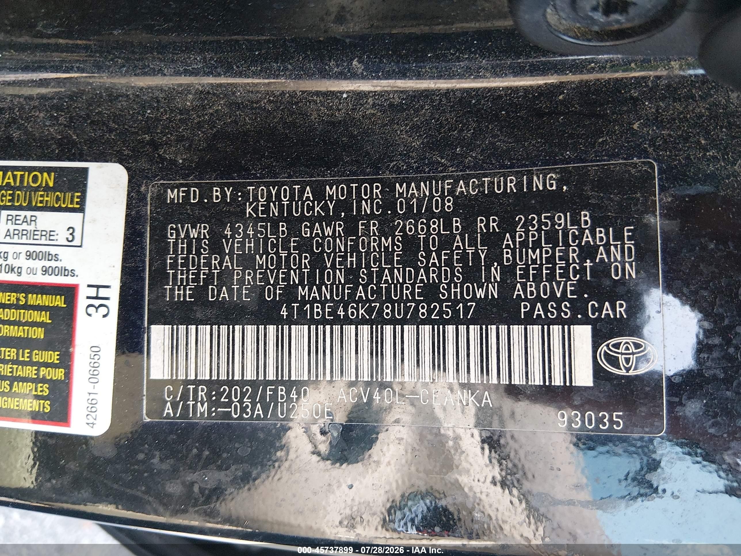 2008 Toyota Camry   Черный vin: 4T1BE46K78U782517