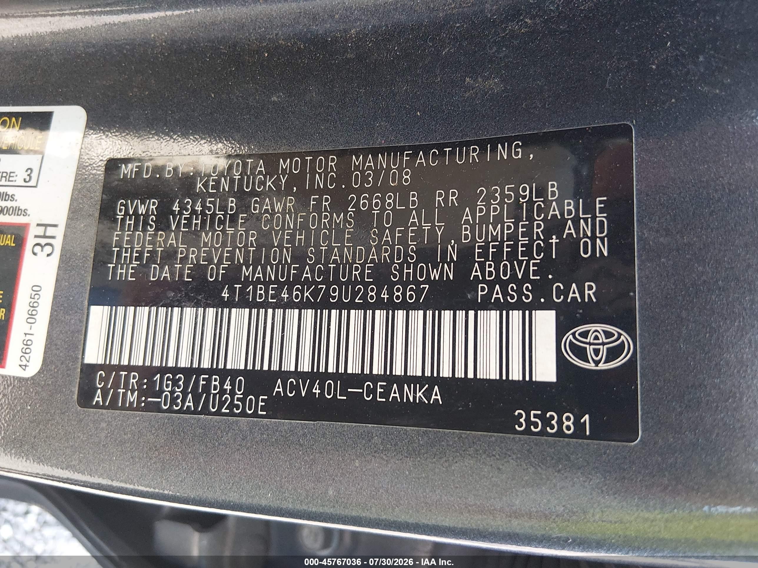 2009 Toyota Camry Le Gray vin: 4T1BE46K79U284867