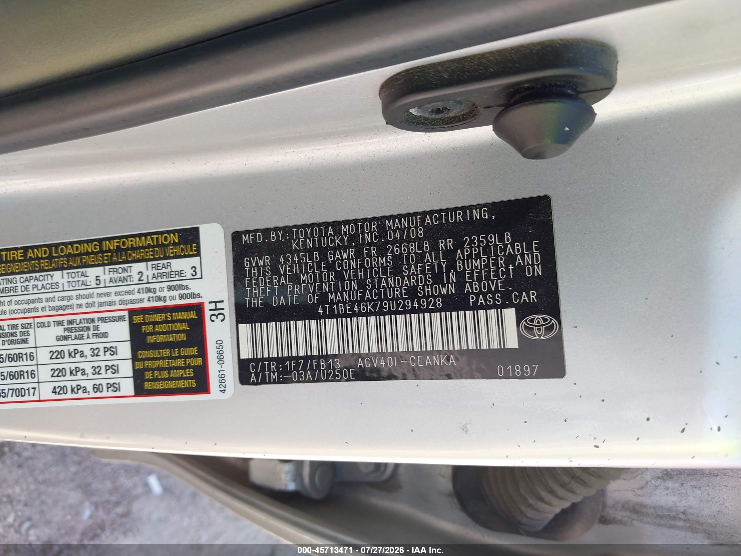 2009 Toyota Camry Le Silver vin: 4T1BE46K79U294928