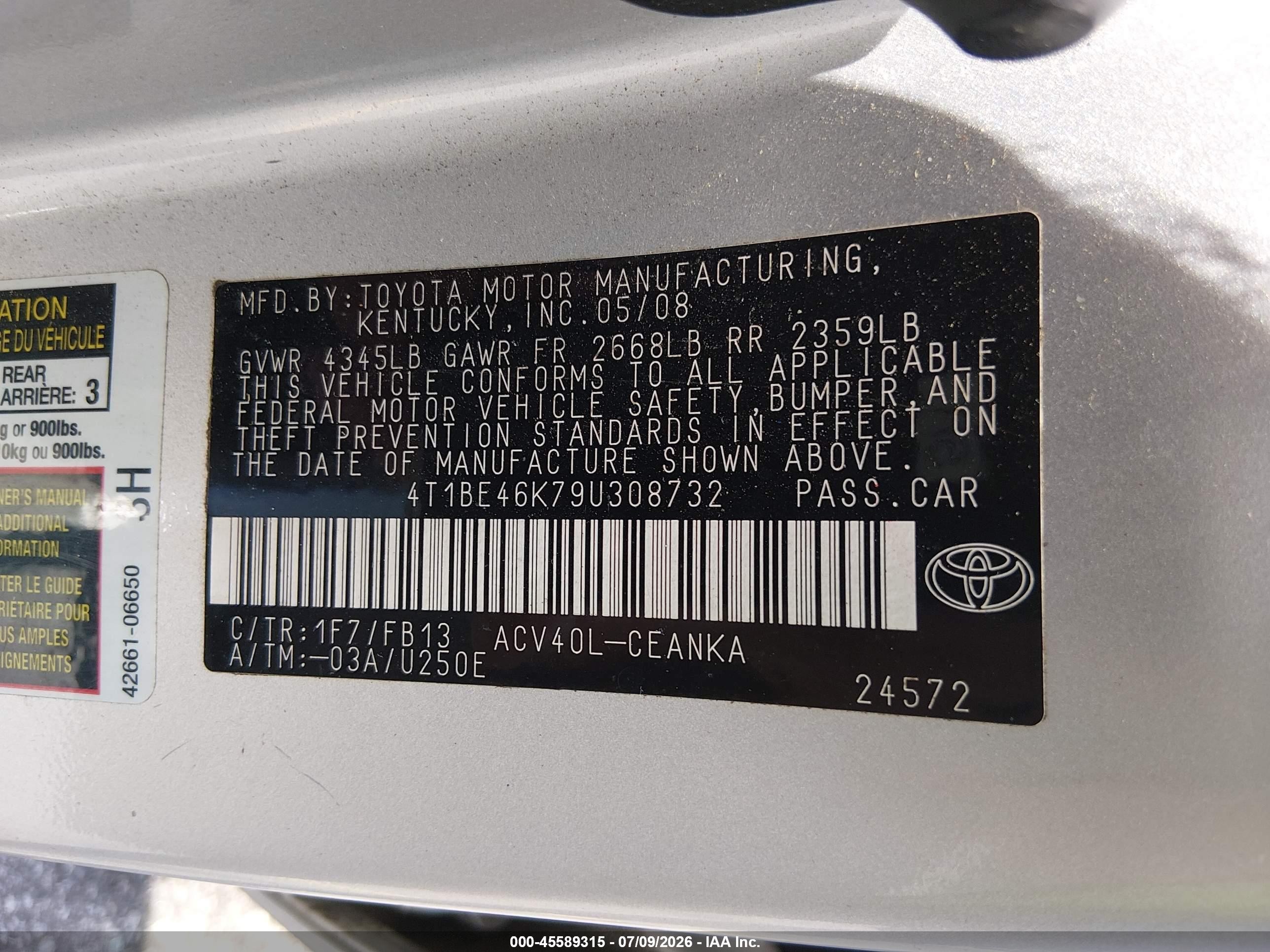 2009 Toyota Camry   Silver vin: 4T1BE46K79U308732