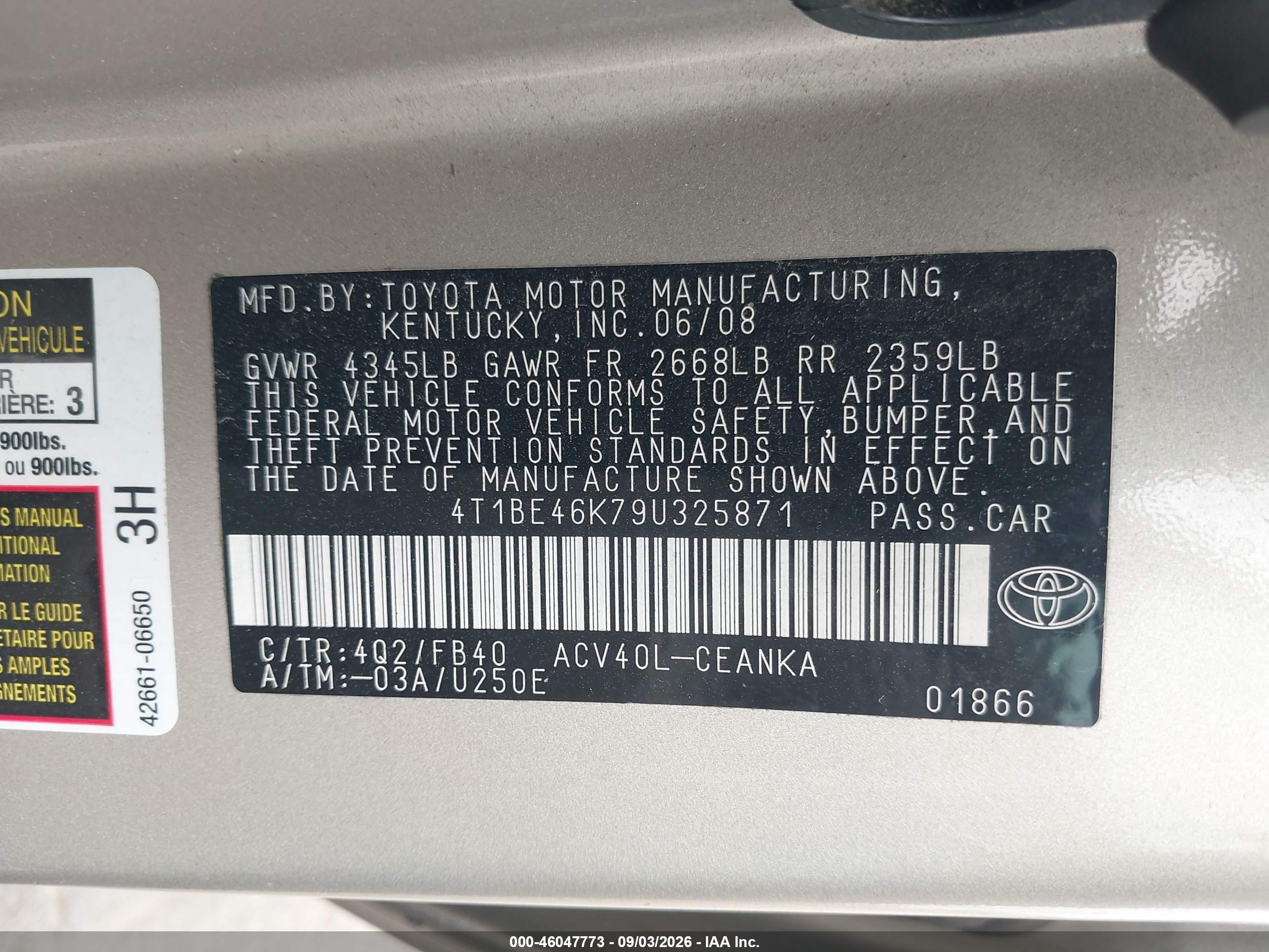 2009 Toyota Camry Se/le/xle Gold vin: 4T1BE46K79U325871