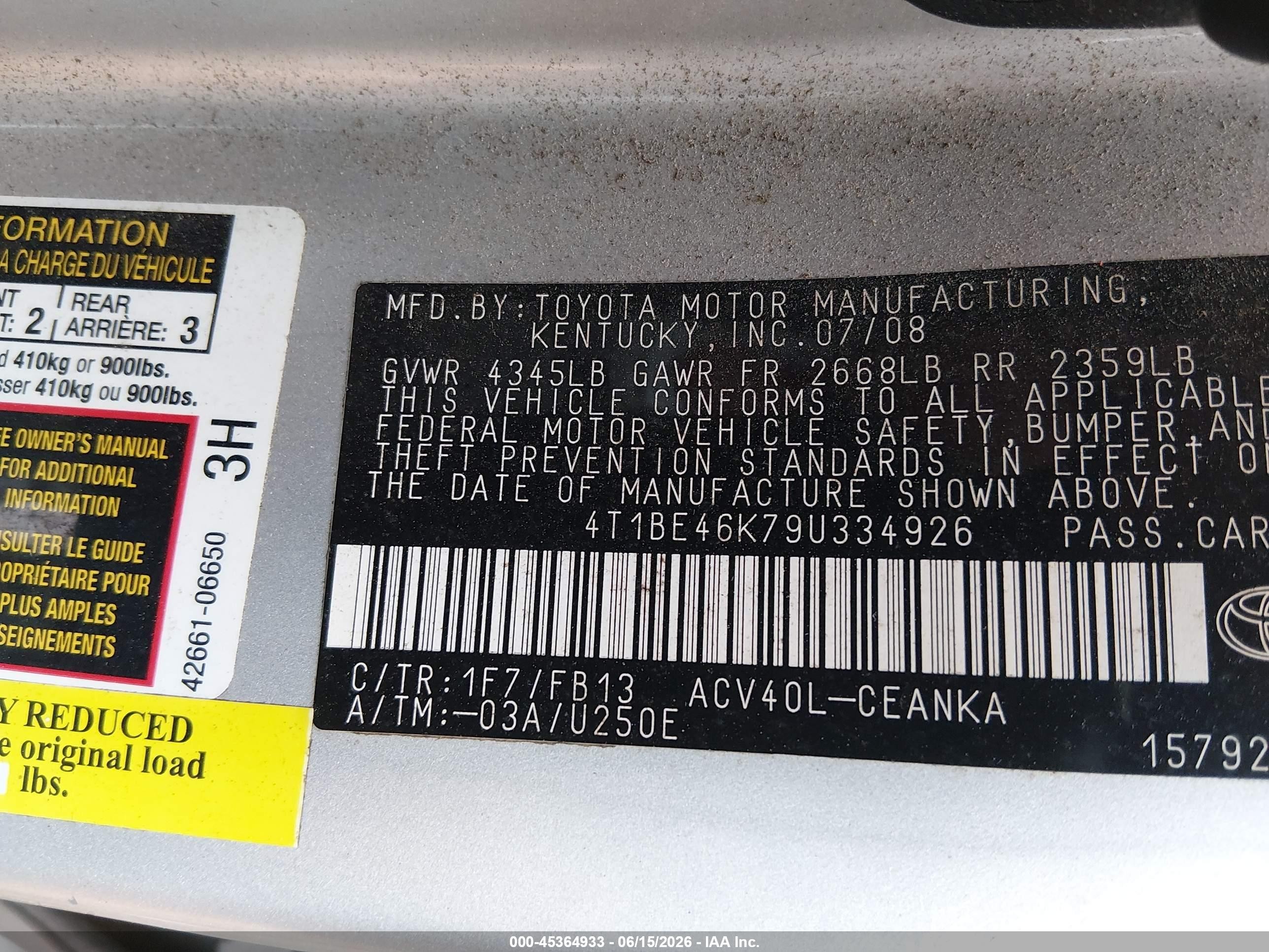 2009 Toyota Camry Le Silver vin: 4T1BE46K79U334926