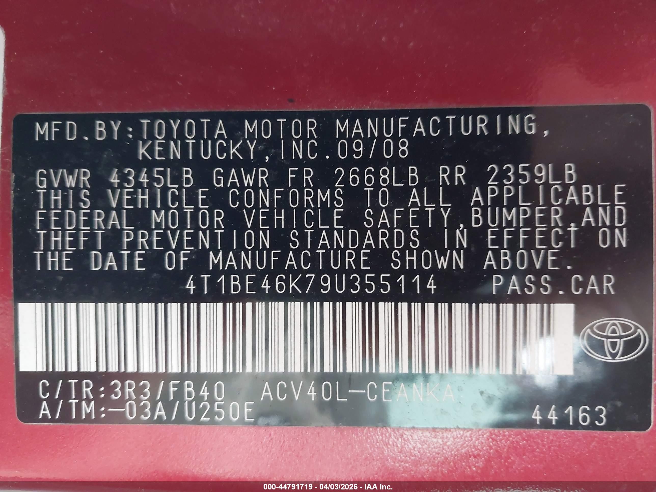 2009 Toyota Camry Le Red vin: 4T1BE46K79U355114