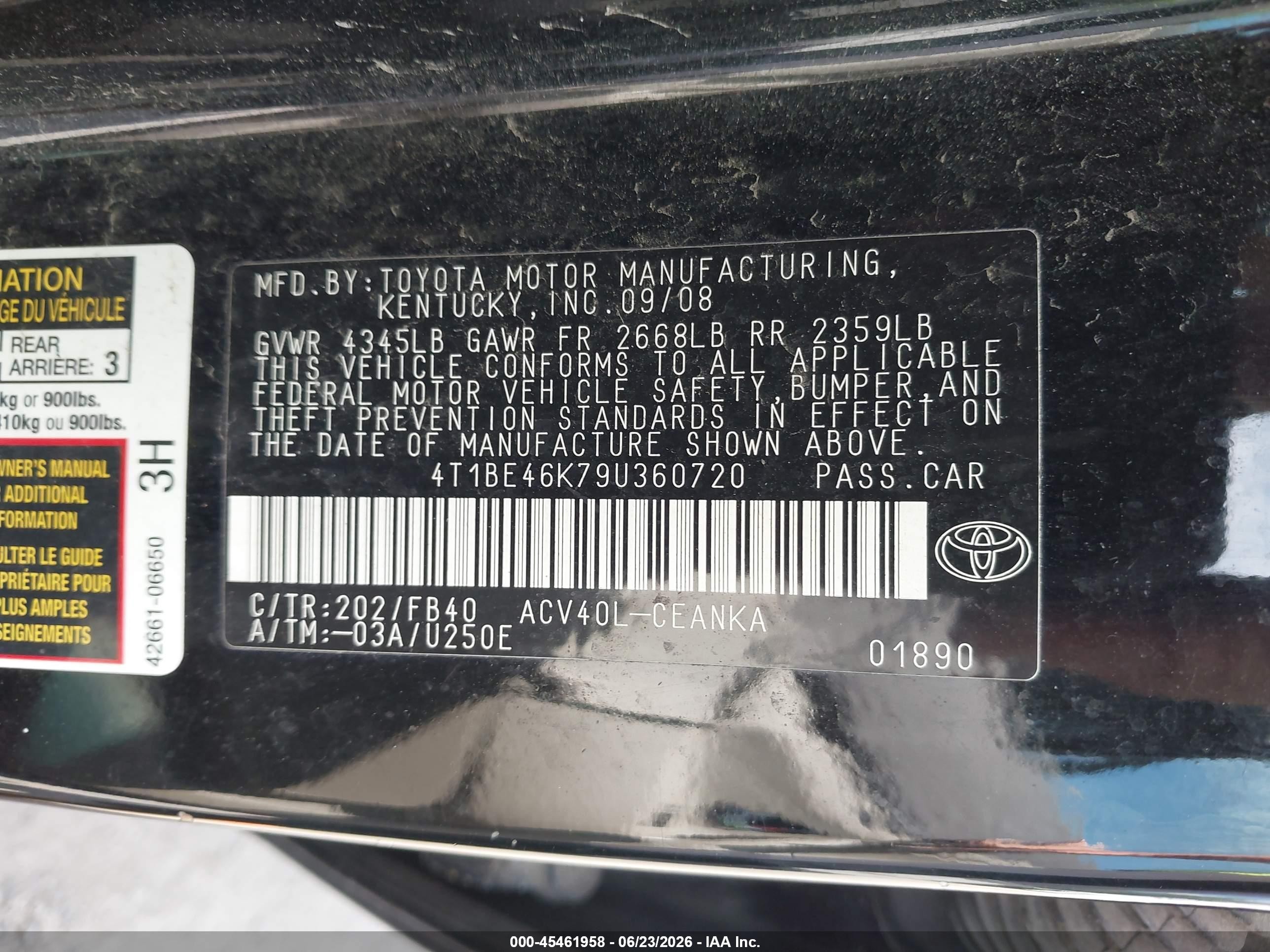 2009 Toyota Camry Le Black vin: 4T1BE46K79U360720