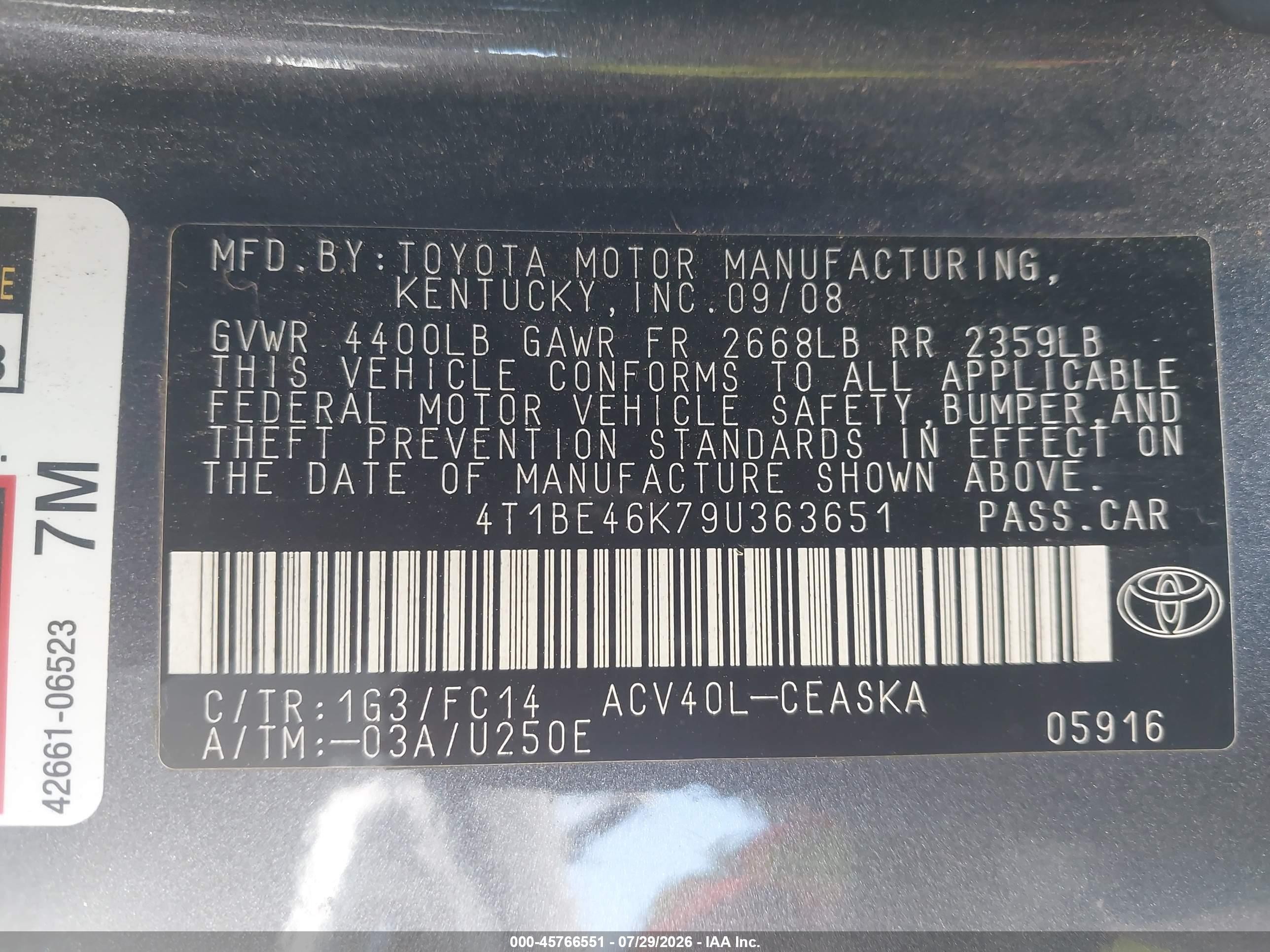2009 Toyota Camry Se Серый vin: 4T1BE46K79U363651