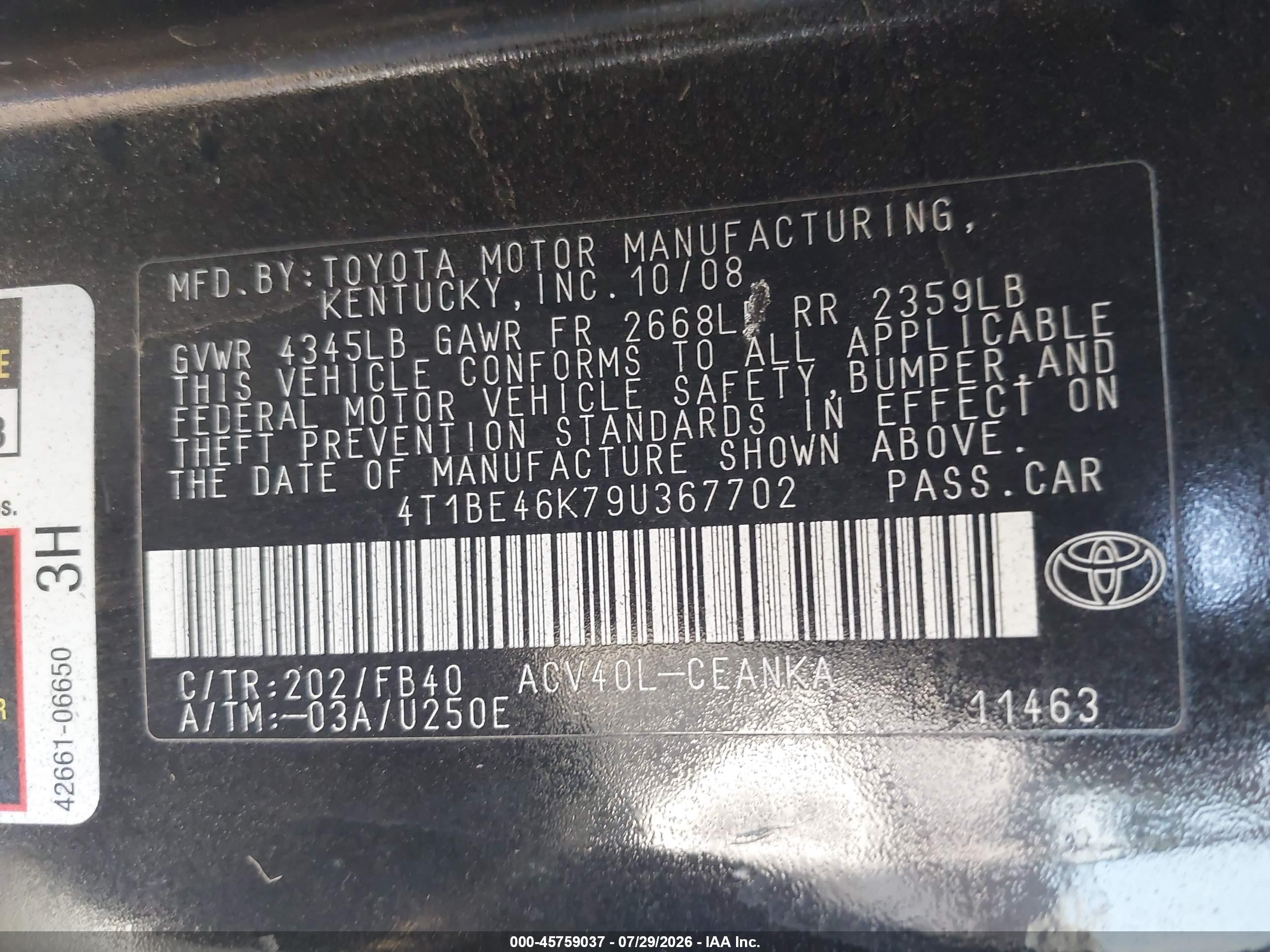 2009 Toyota Camry   Black vin: 4T1BE46K79U367702