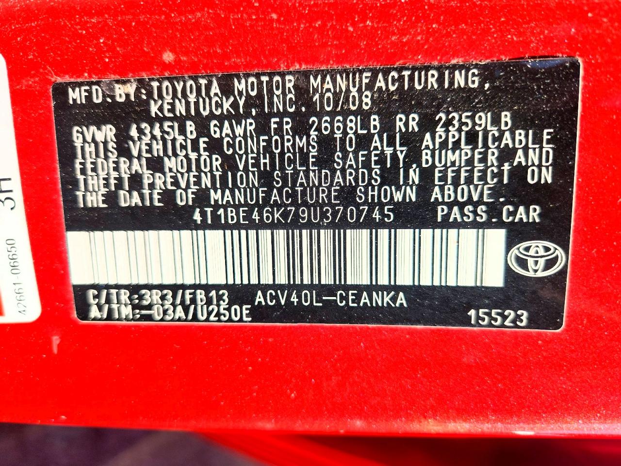 2009 Toyota Camry Le Red vin: 4T1BE46K79U370745
