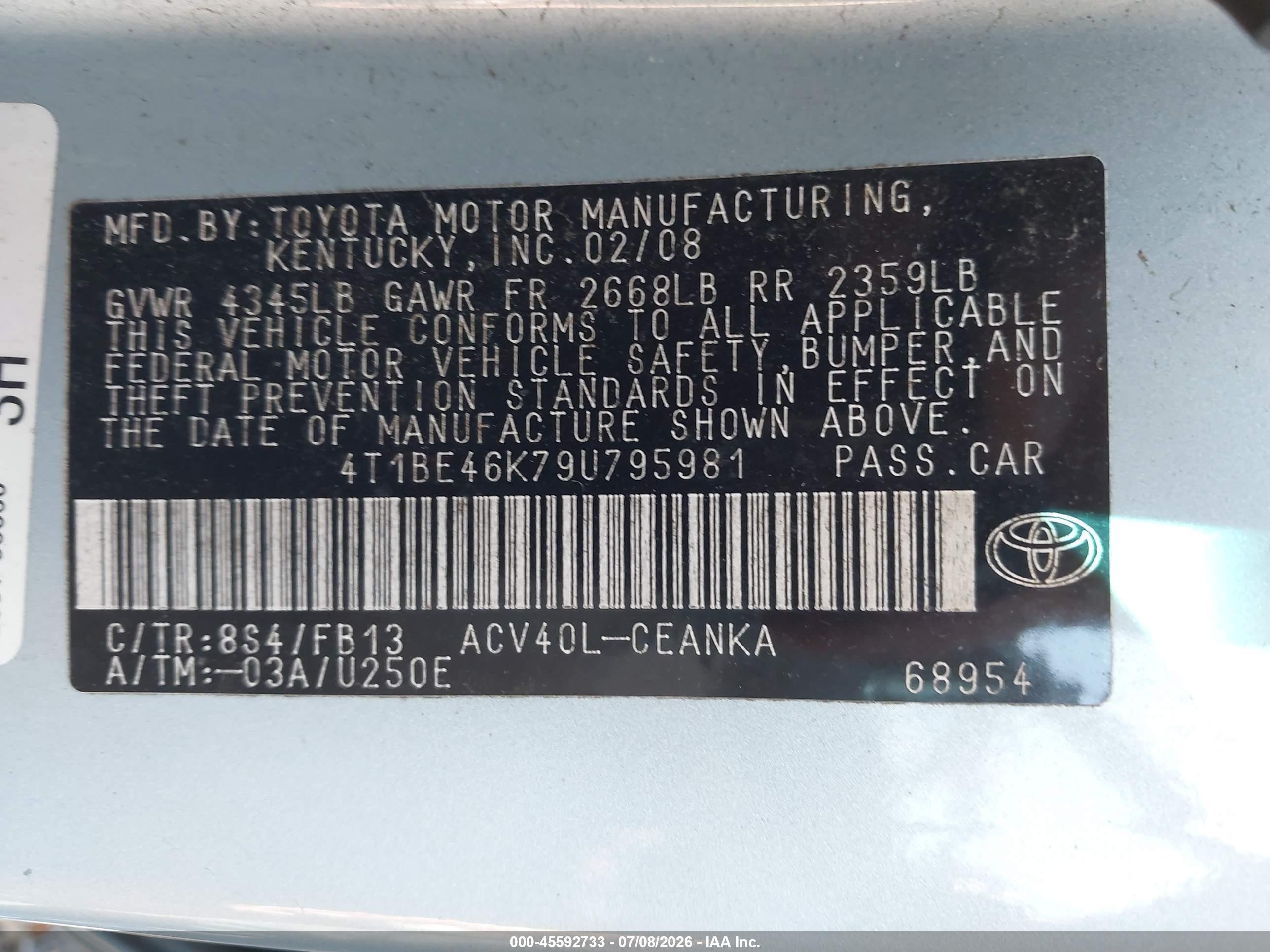 2009 Toyota Camry Le Light Blue vin: 4T1BE46K79U795981