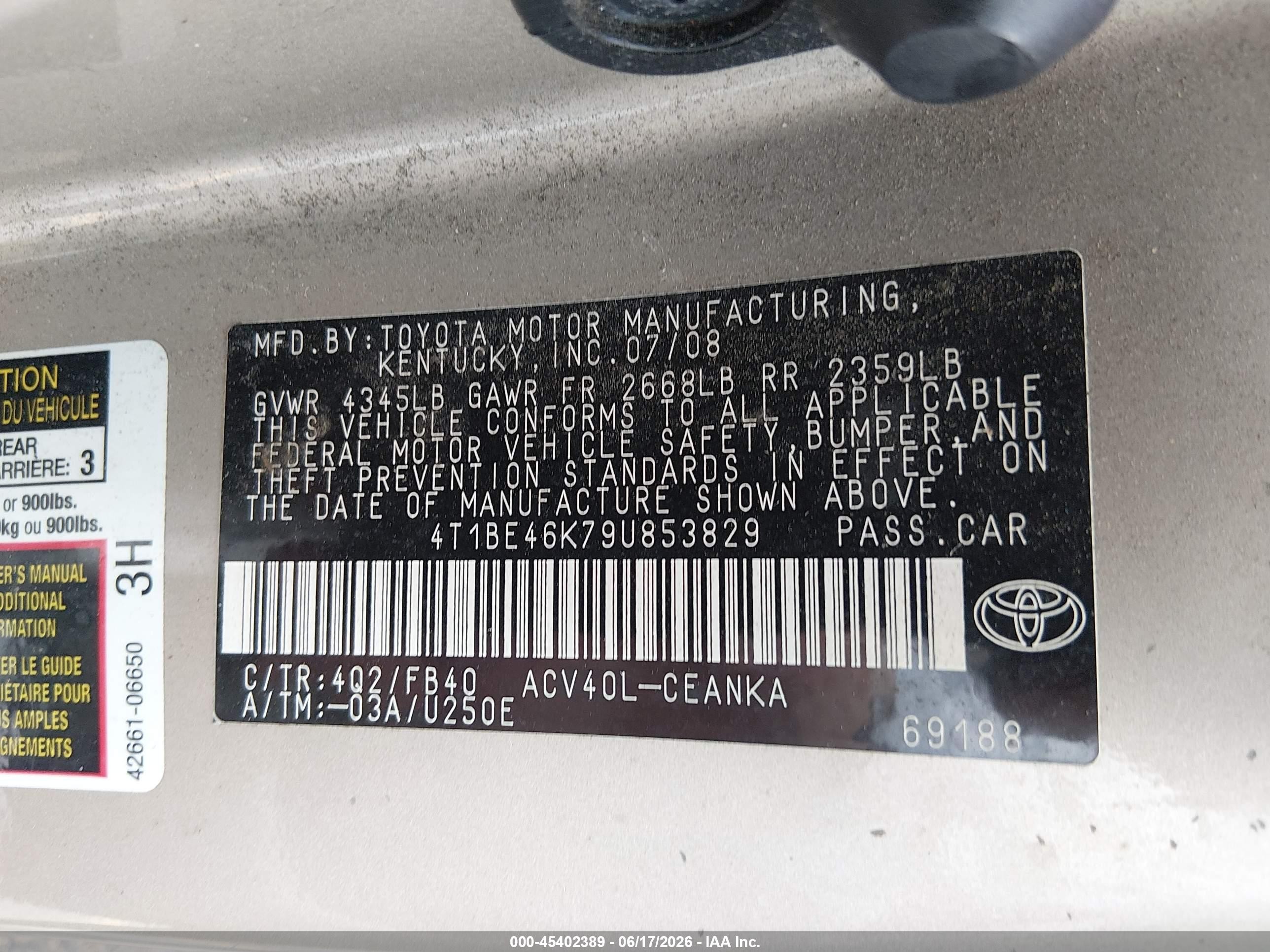 2009 Toyota Camry Le Champagne vin: 4T1BE46K79U853829