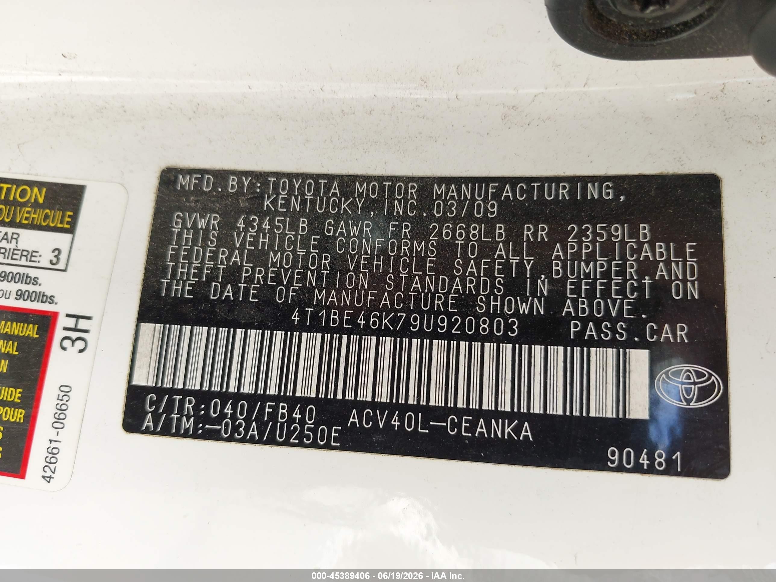 2009 Toyota Camry   White vin: 4T1BE46K79U920803