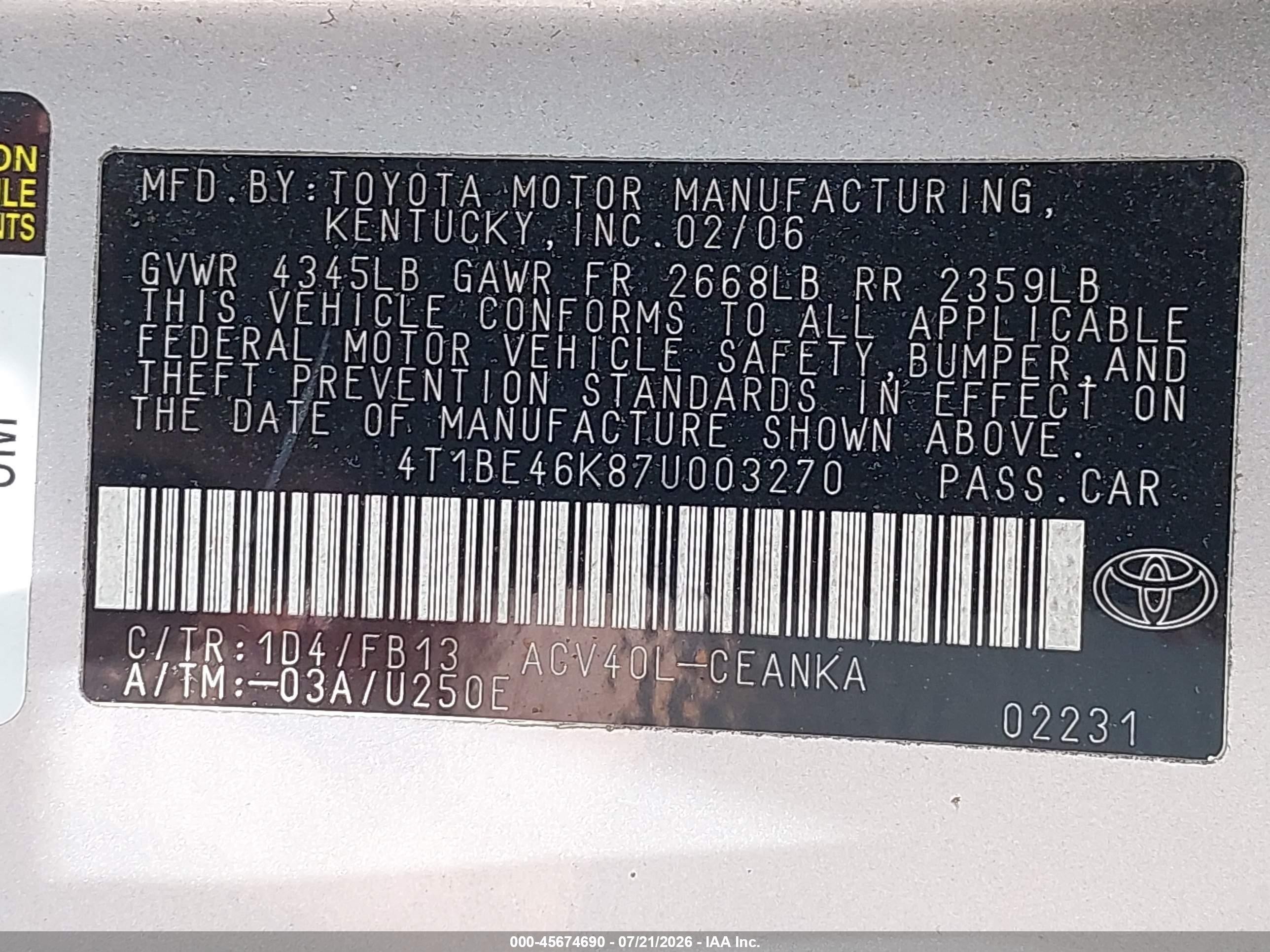 2007 Toyota Camry Le Silver vin: 4T1BE46K87U003270
