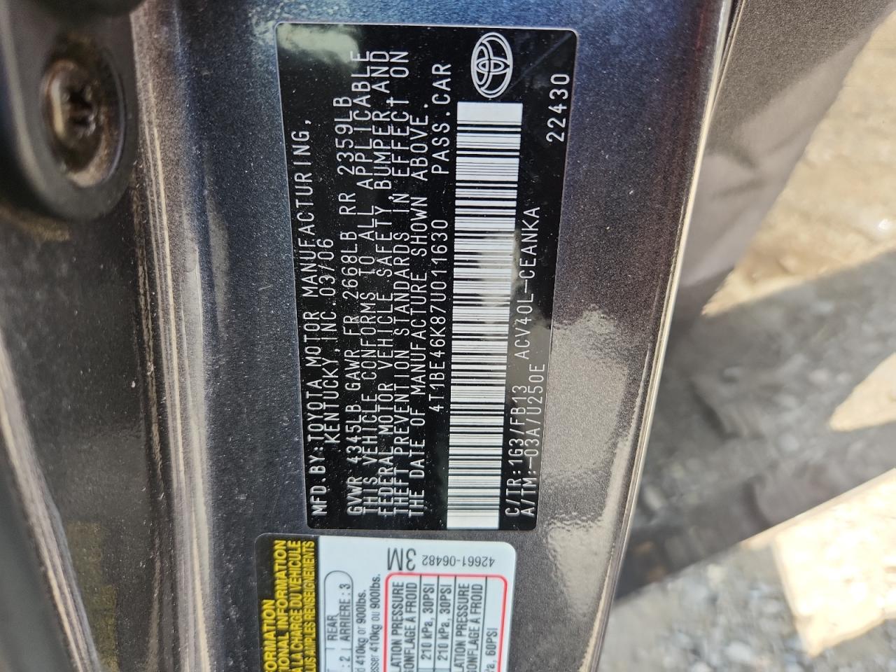 2007 Toyota Camry Le Gray vin: 4T1BE46K87U011630