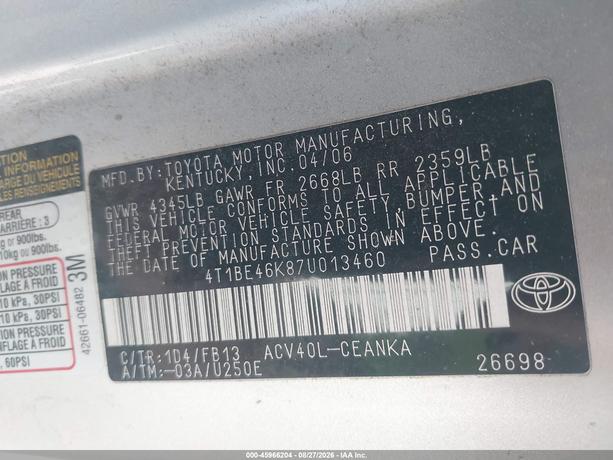 2007 Toyota Camry Le Silver vin: 4T1BE46K87U013460