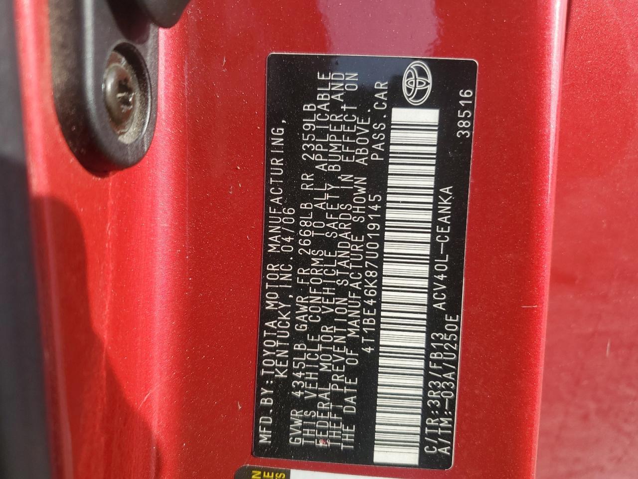 2007 Toyota Camry Ce Красный vin: 4T1BE46K87U019145