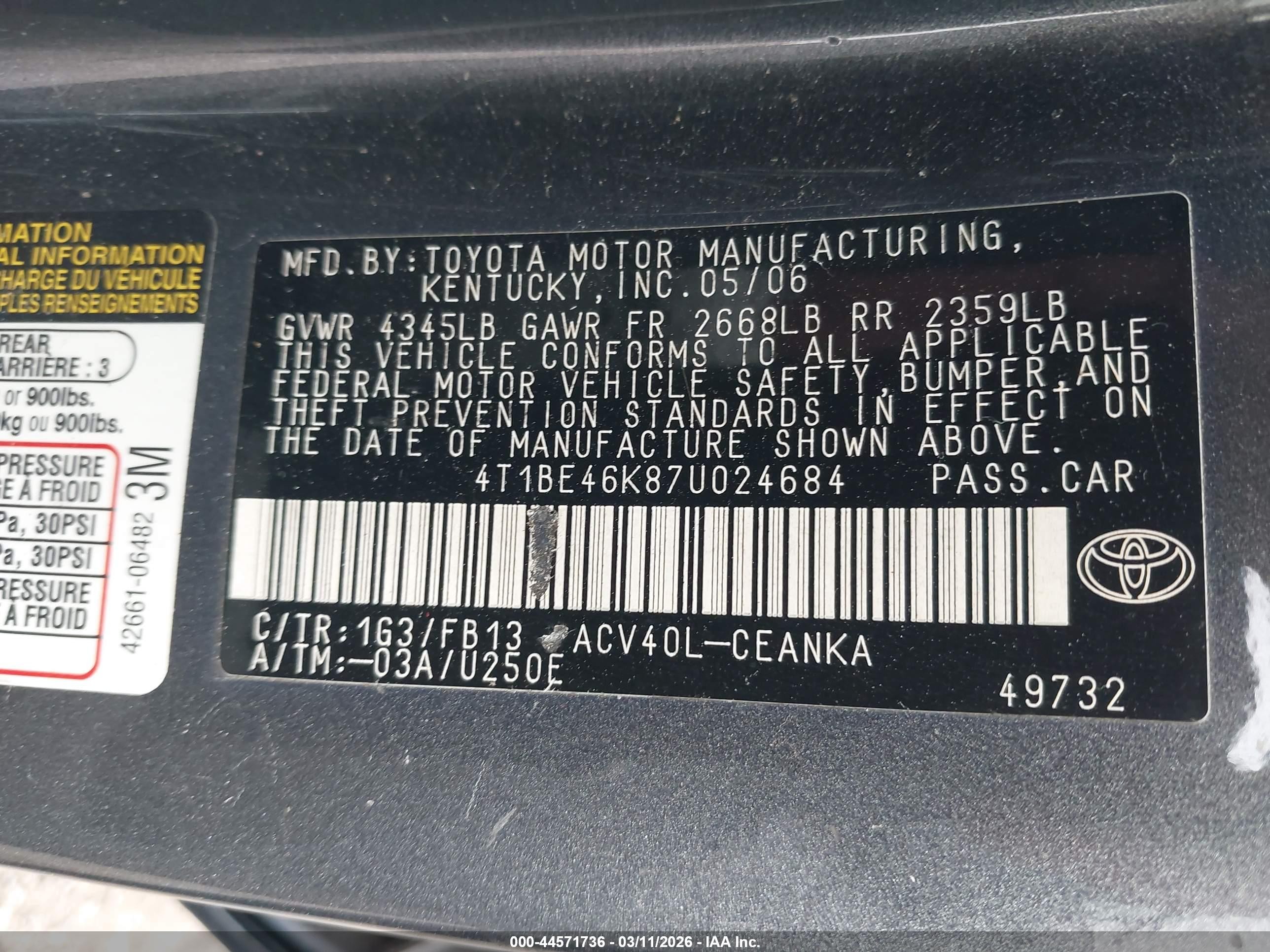 2007 Toyota Camry Le Серый vin: 4T1BE46K87U024684
