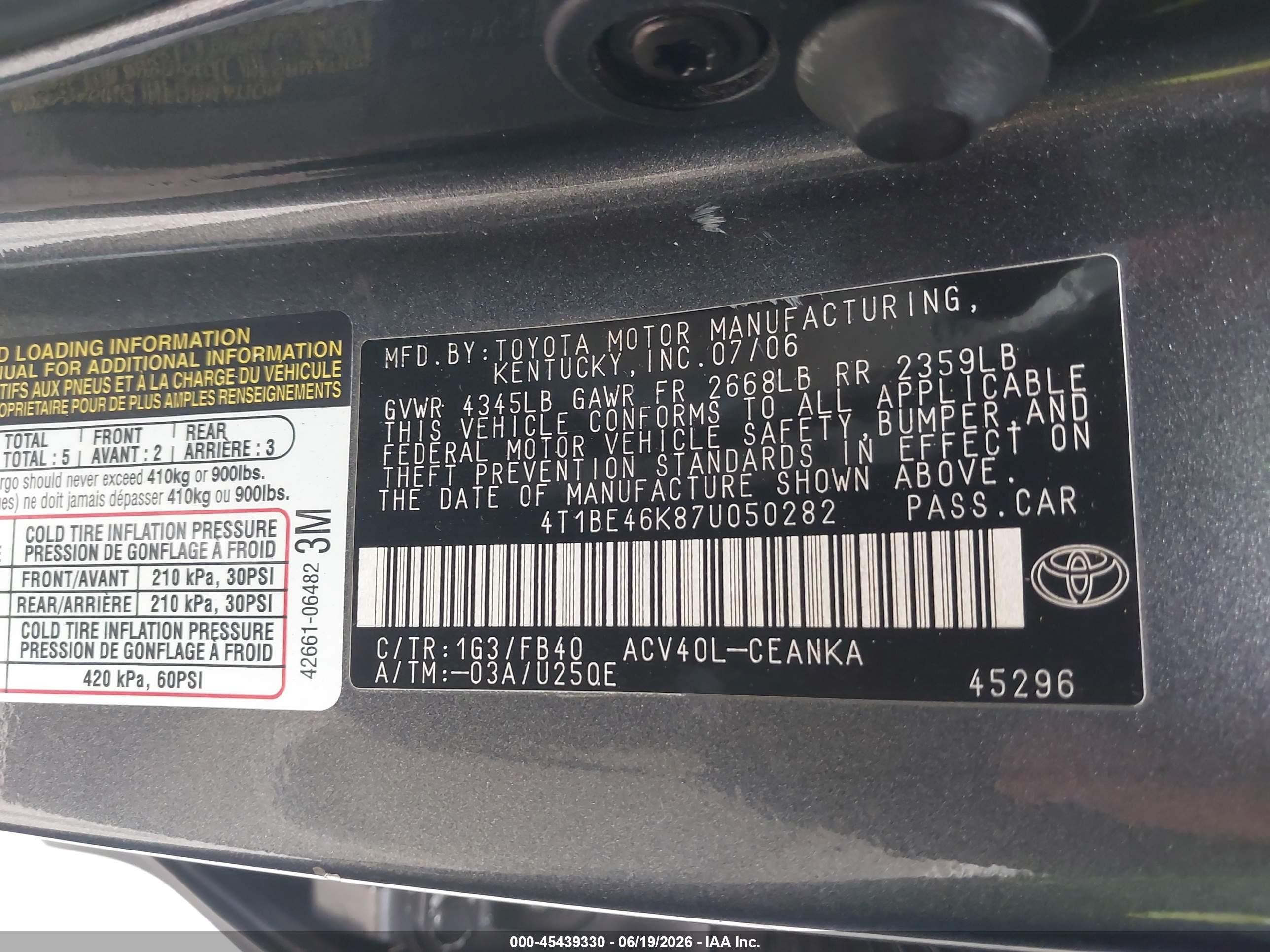 2007 Toyota Camry Le Gray vin: 4T1BE46K87U050282