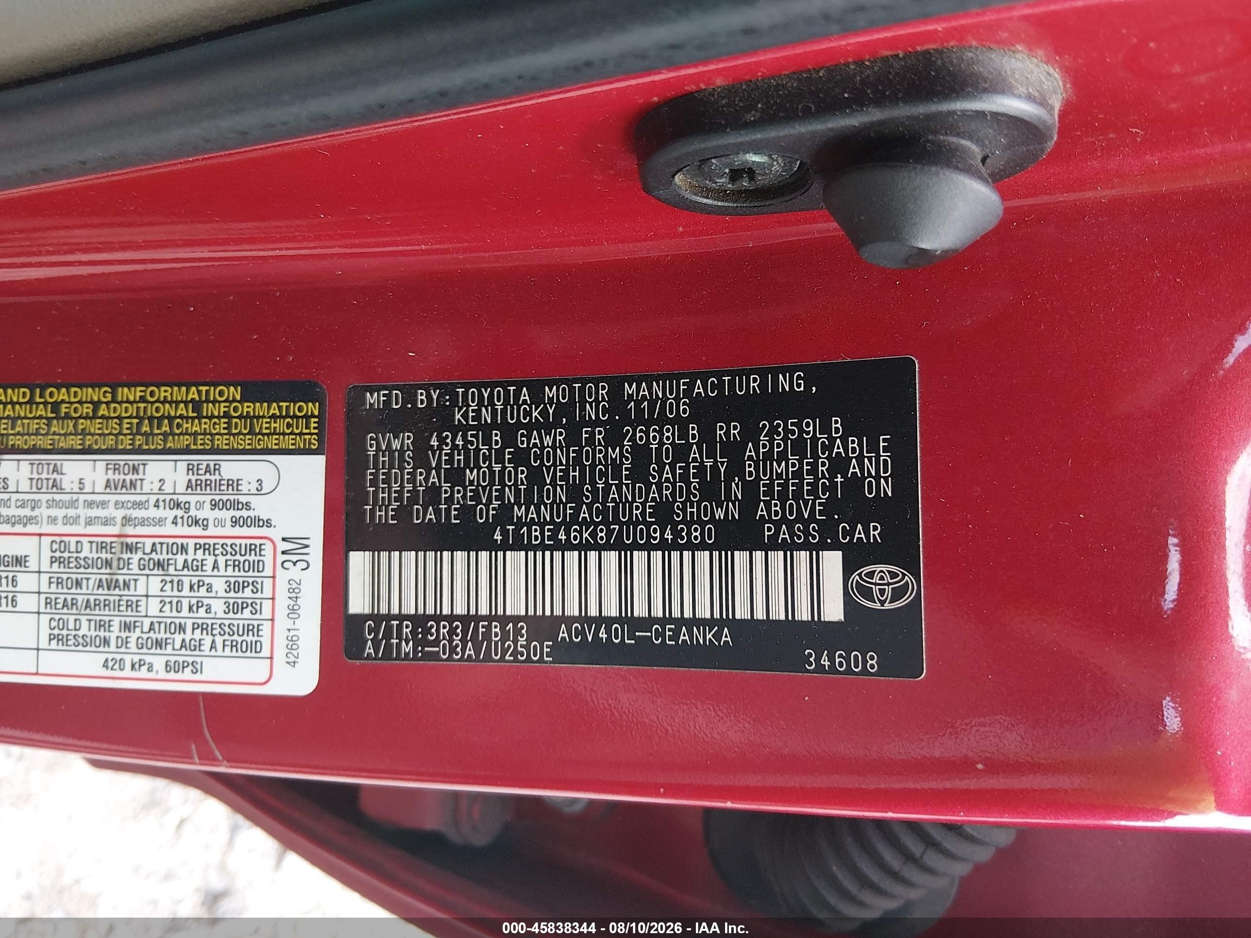 2007 Toyota Camry Le Red vin: 4T1BE46K87U094380