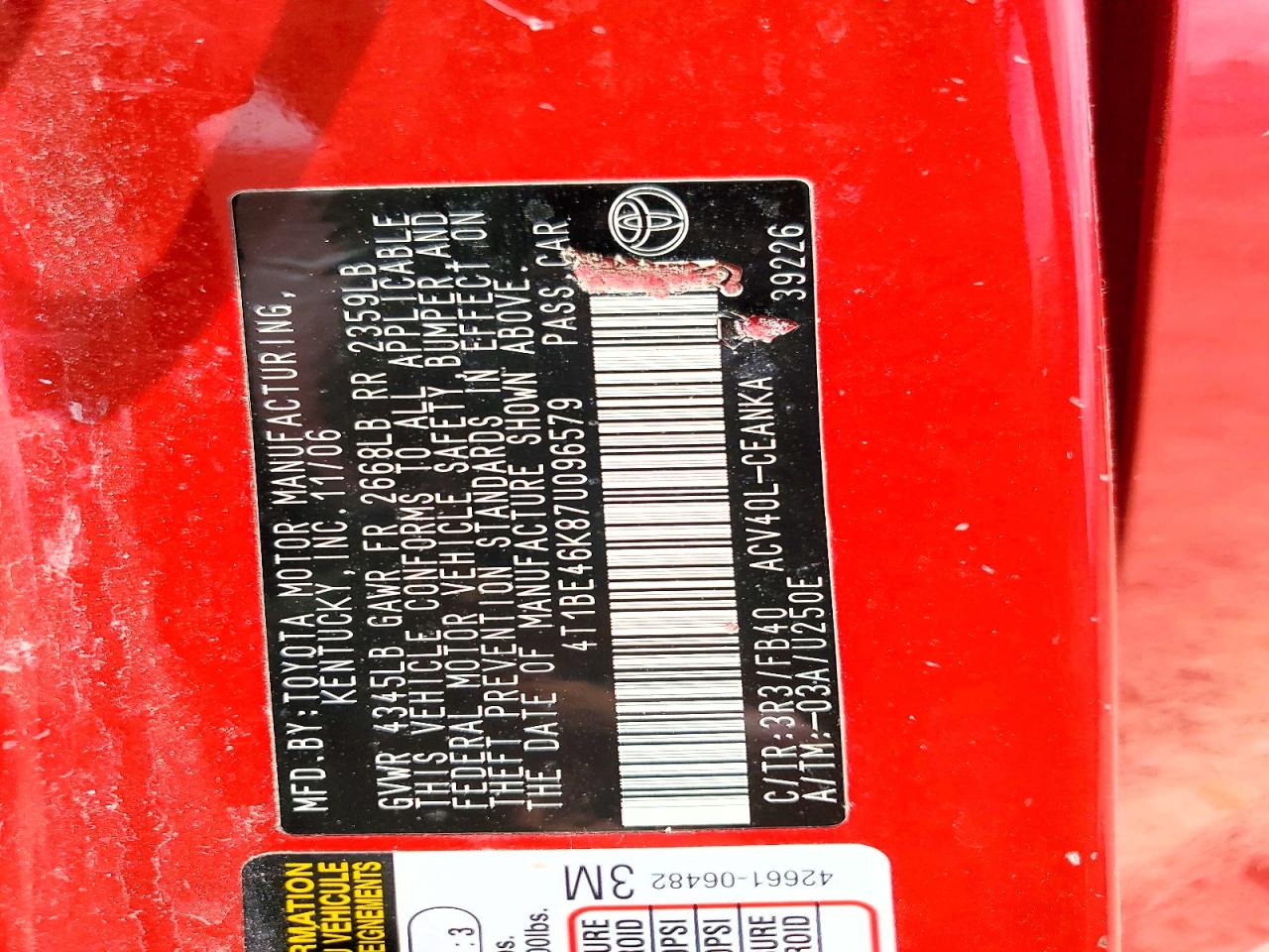 2007 Toyota Camry Le Red vin: 4T1BE46K87U096579