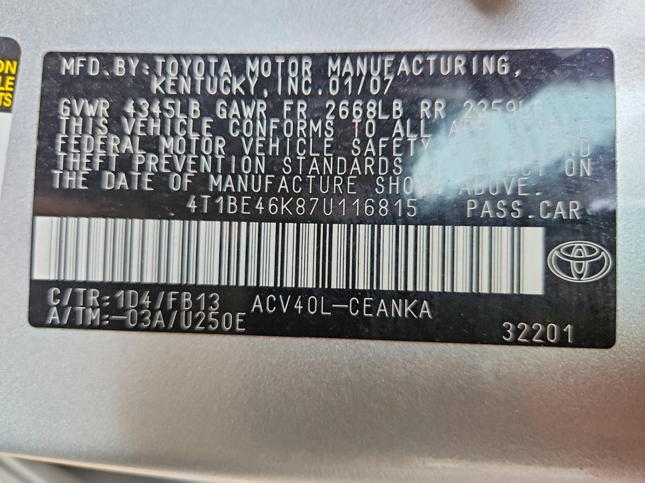 2007 Toyota Camry Le Gray vin: 4T1BE46K87U116815