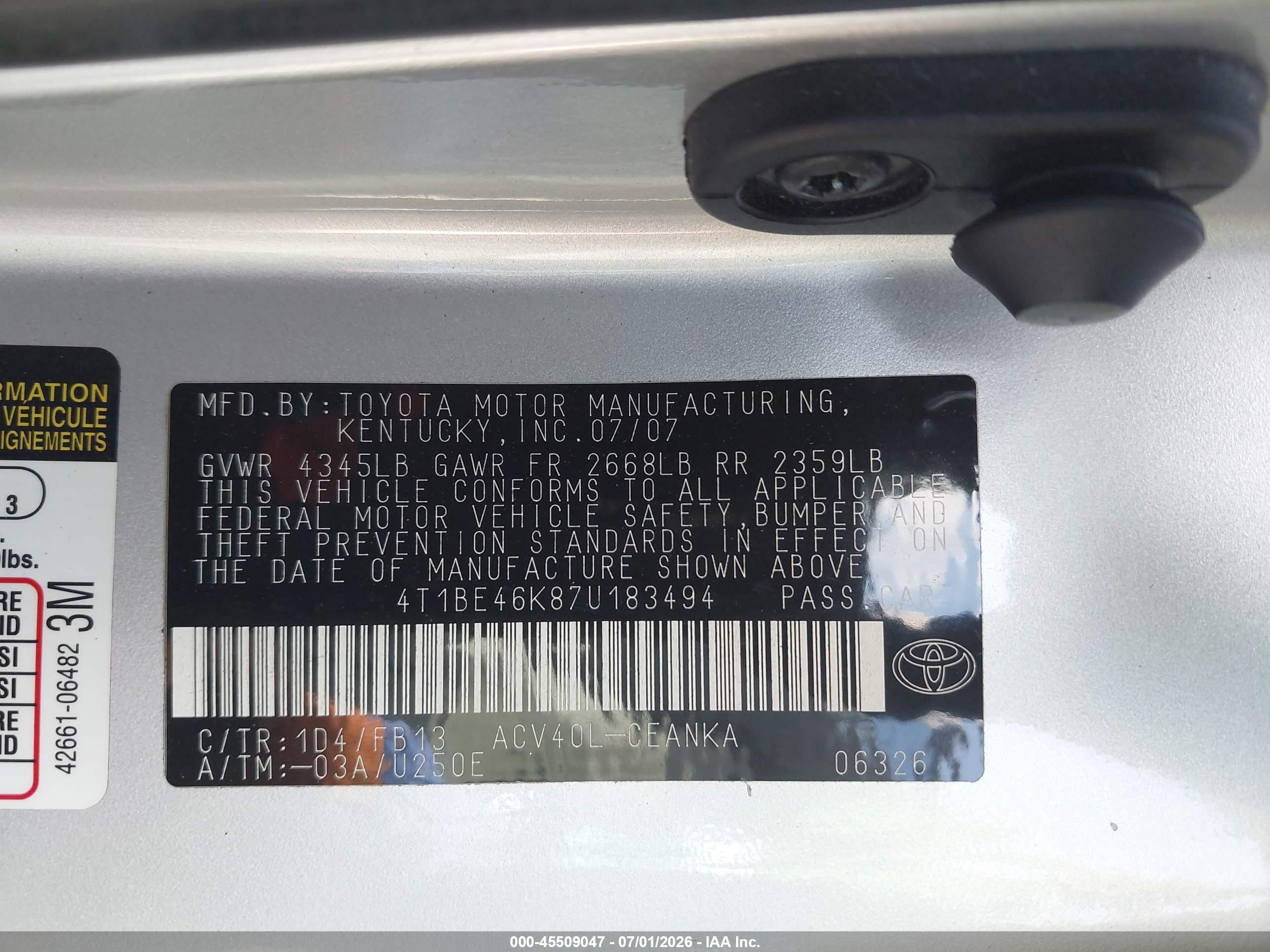 2007 Toyota Camry Le Silver vin: 4T1BE46K87U183494