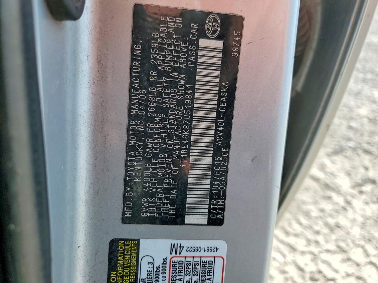 2007 Toyota Camry Se Серебряный vin: 4T1BE46K87U519841