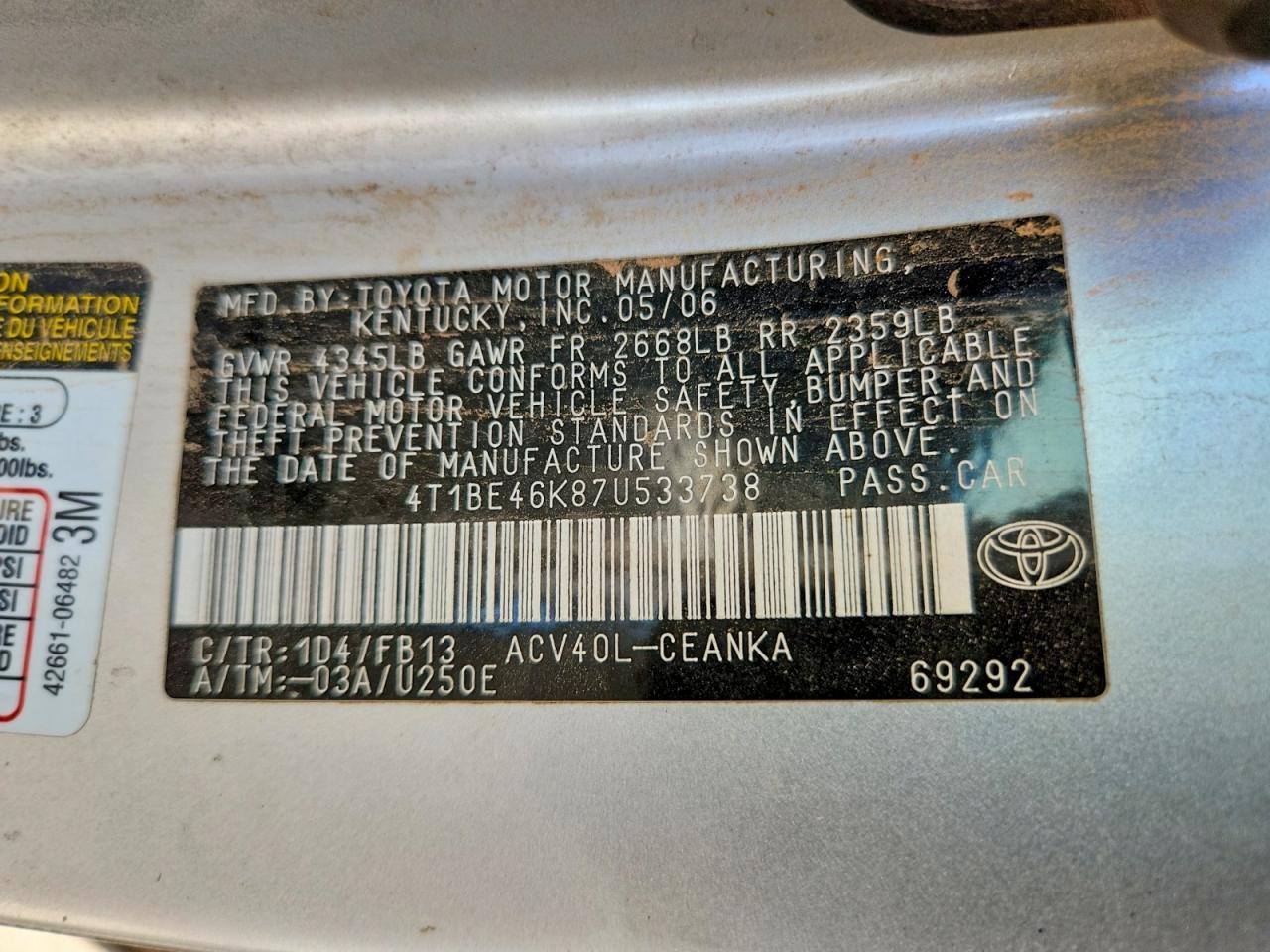 2007 Toyota Camry Le Gray vin: 4T1BE46K87U533738
