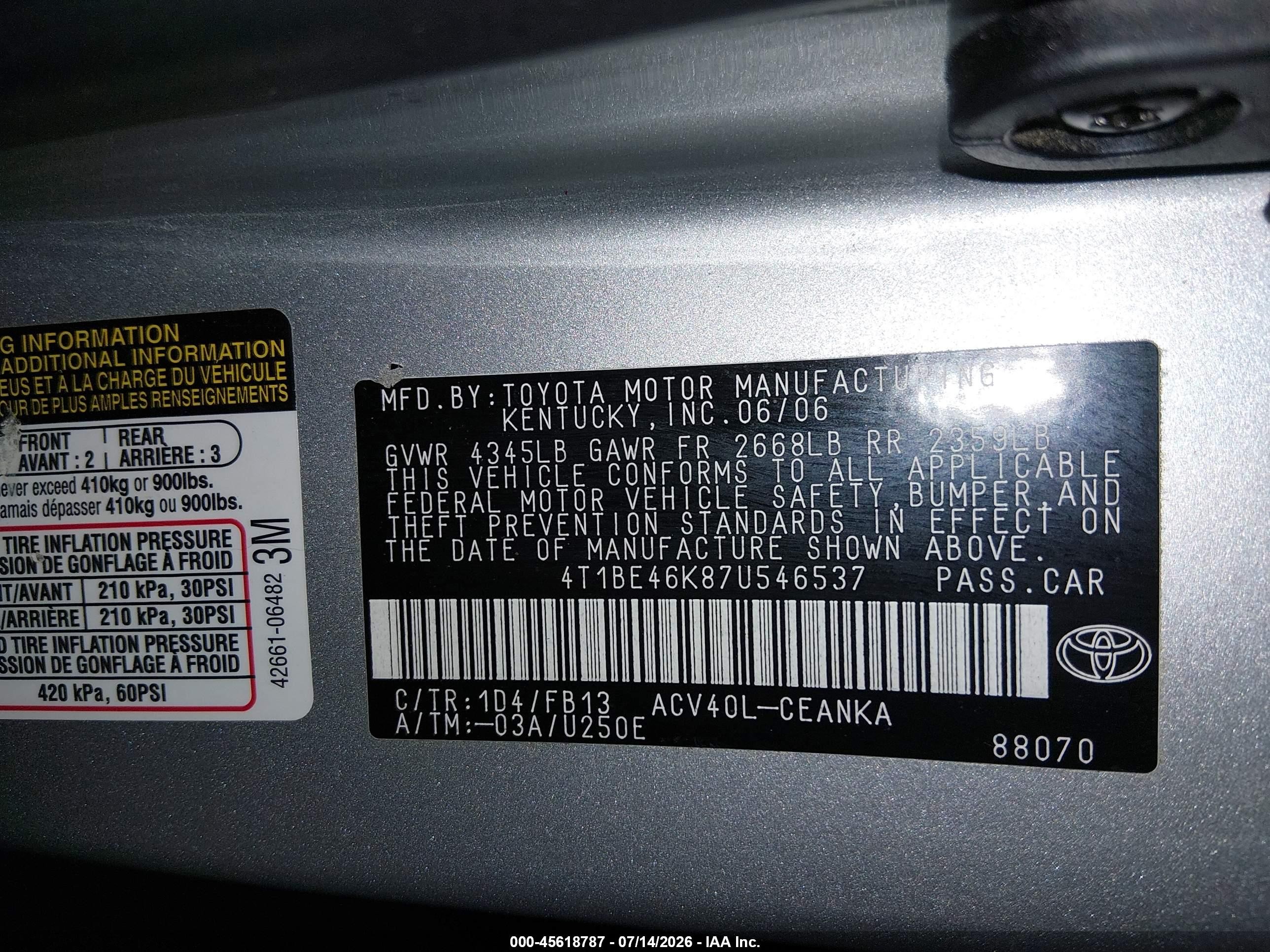 2007 Toyota Camry Le Серебряный vin: 4T1BE46K87U546537