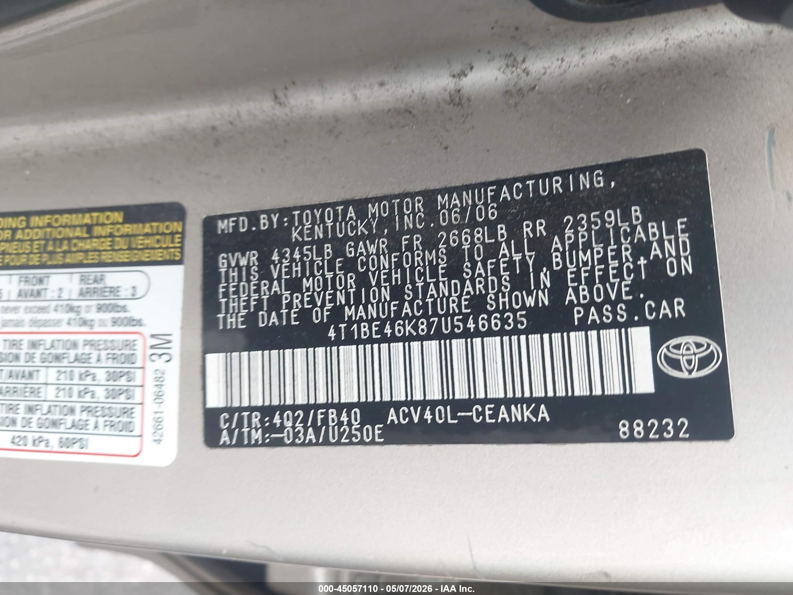 2007 Toyota Camry Ce Золотой vin: 4T1BE46K87U546635