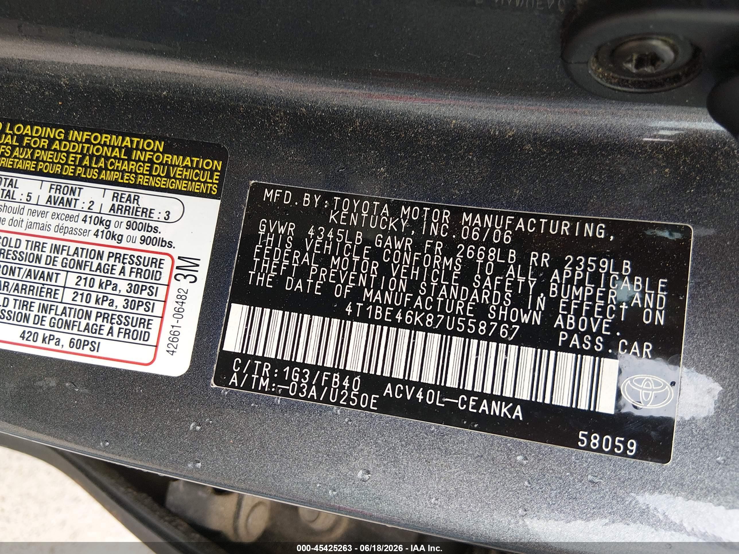 2007 Toyota Camry Le Gray vin: 4T1BE46K87U558767