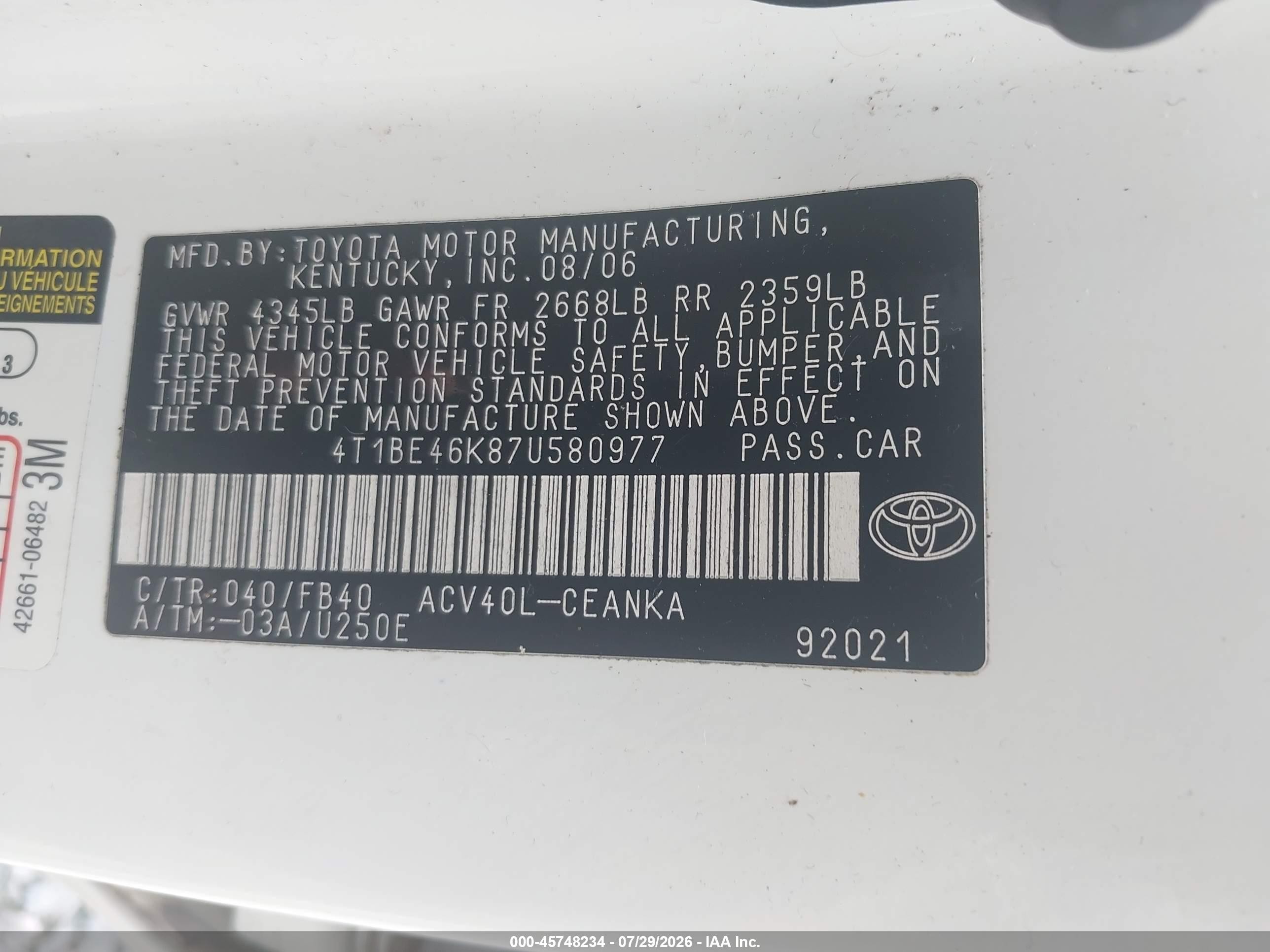 2007 Toyota Camry Le White vin: 4T1BE46K87U580977