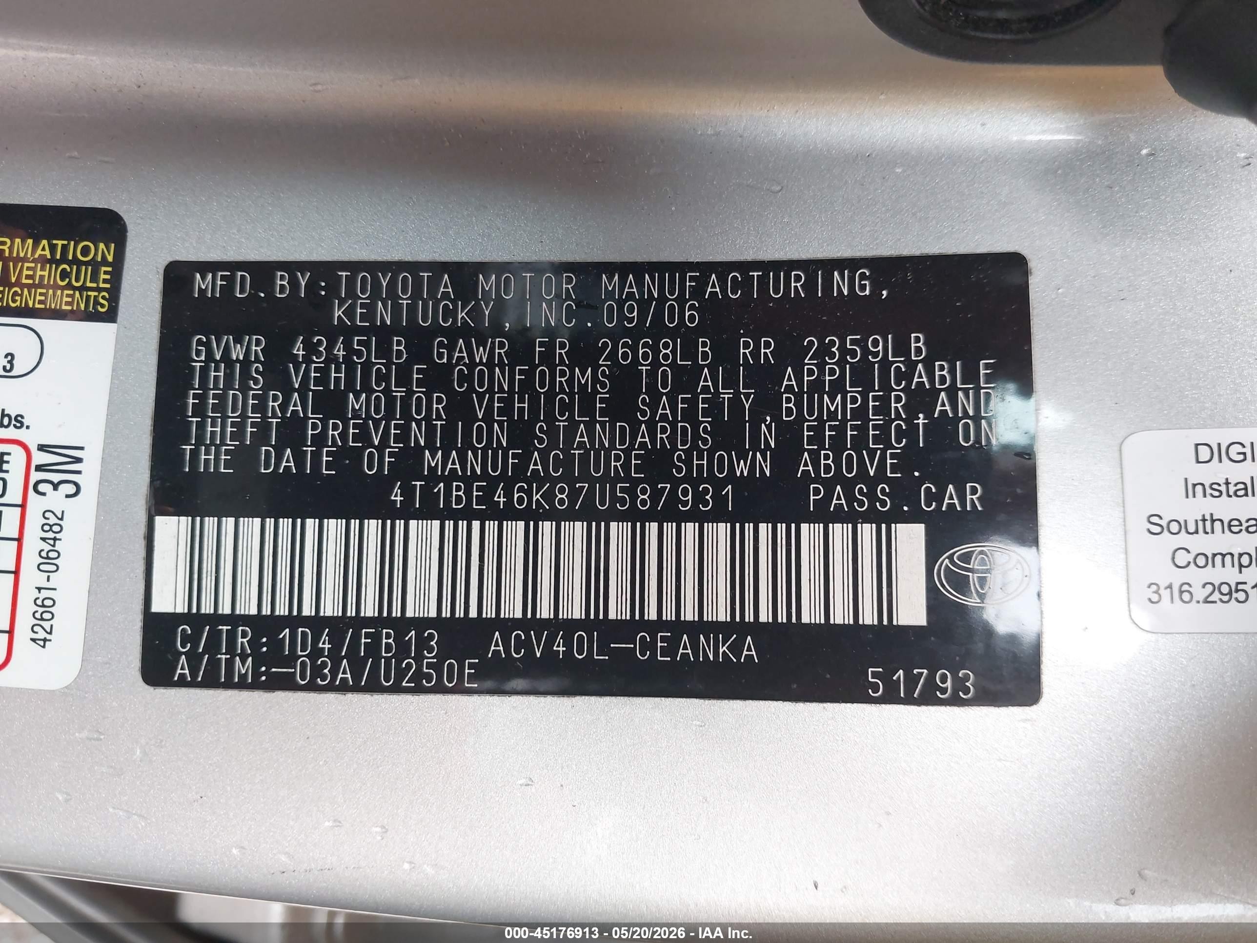 2007 Toyota Camry Le Silver vin: 4T1BE46K87U587931