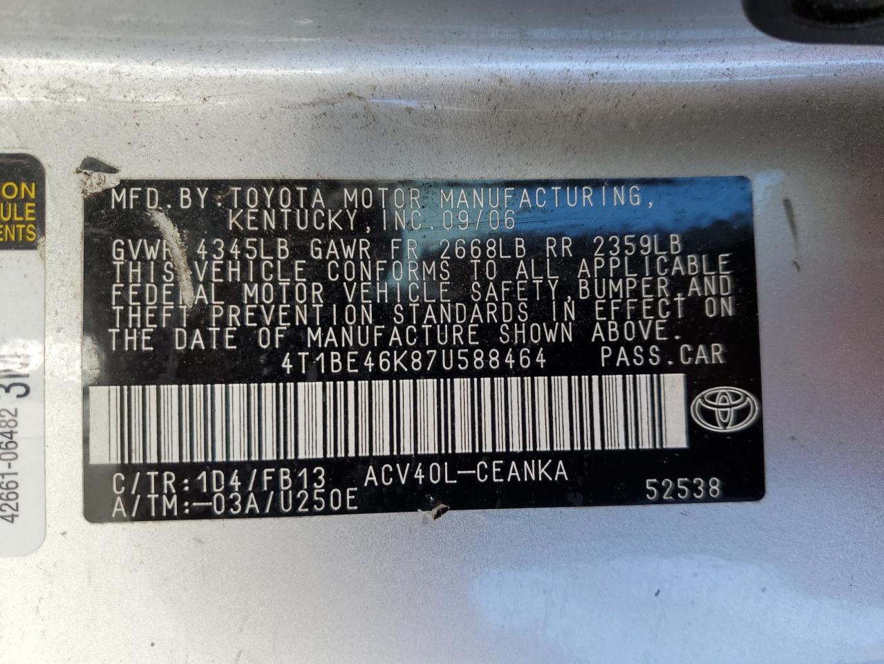 2007 Toyota Camry Ce Silver vin: 4T1BE46K87U588464