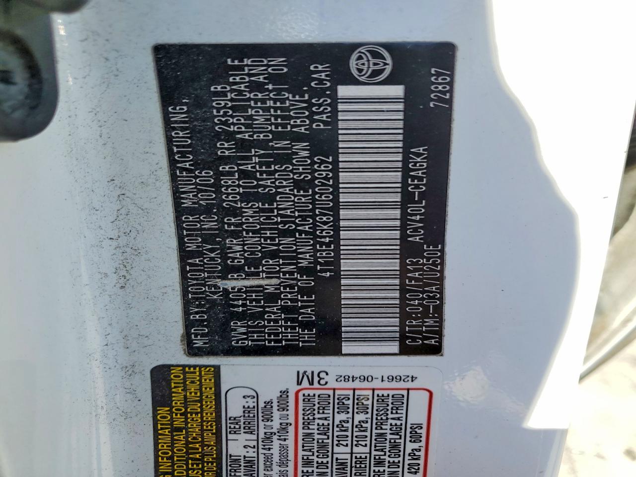 2007 Toyota Camry Xle White vin: 4T1BE46K87U602962