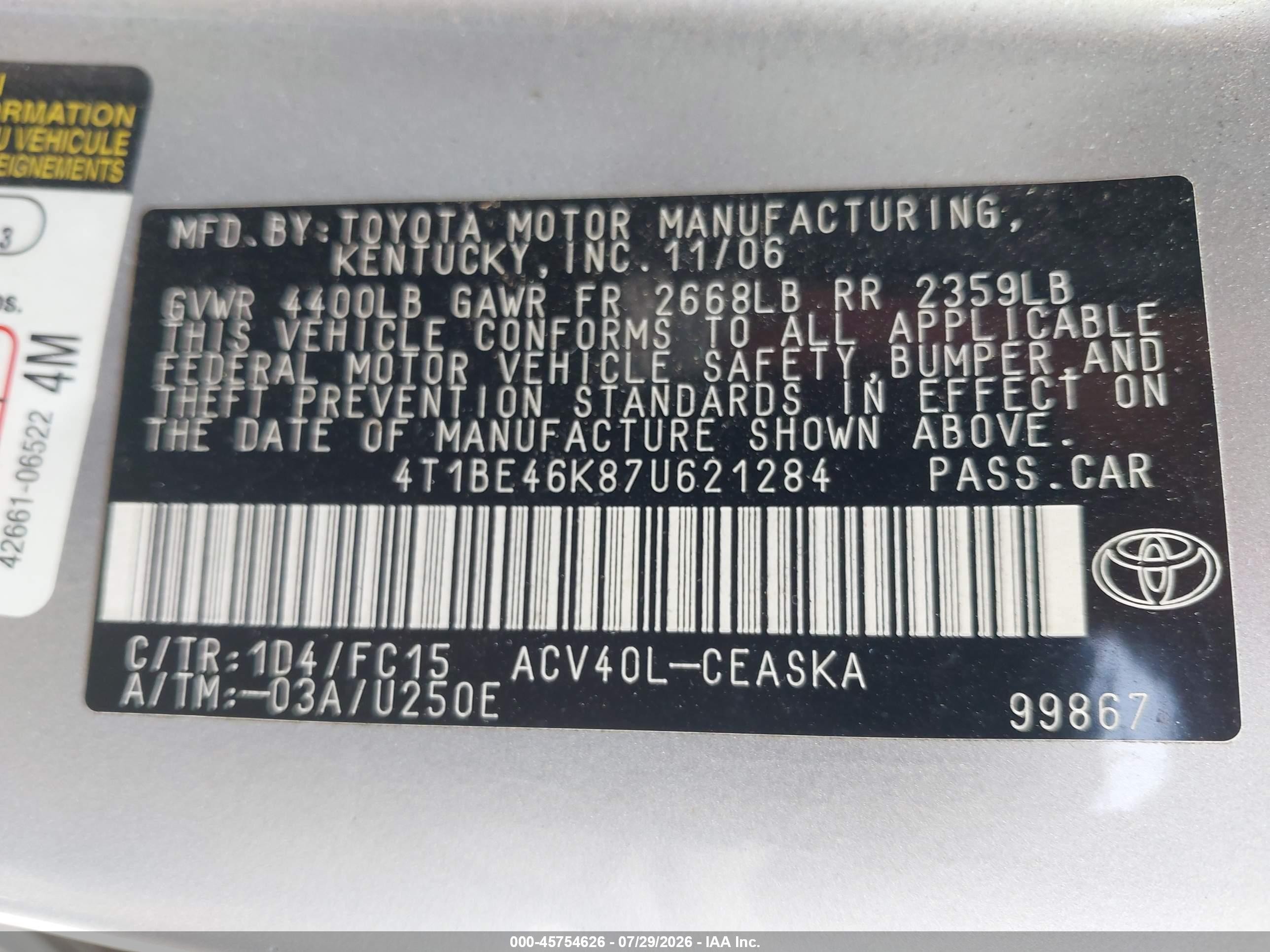 2007 Toyota Camry Se Silver vin: 4T1BE46K87U621284