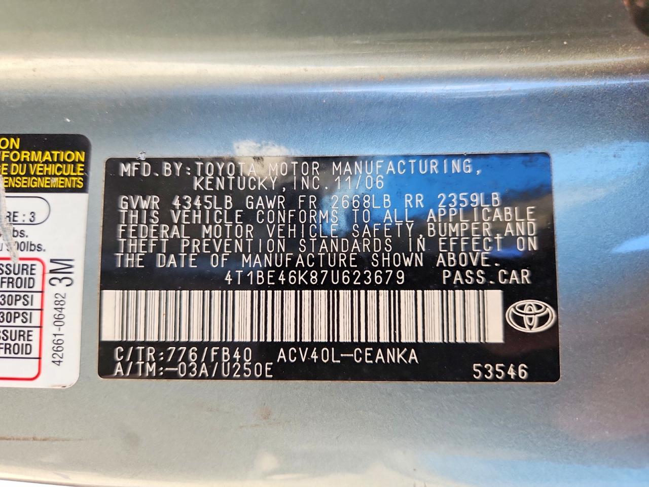 2007 Toyota Camry Le Teal vin: 4T1BE46K87U623679