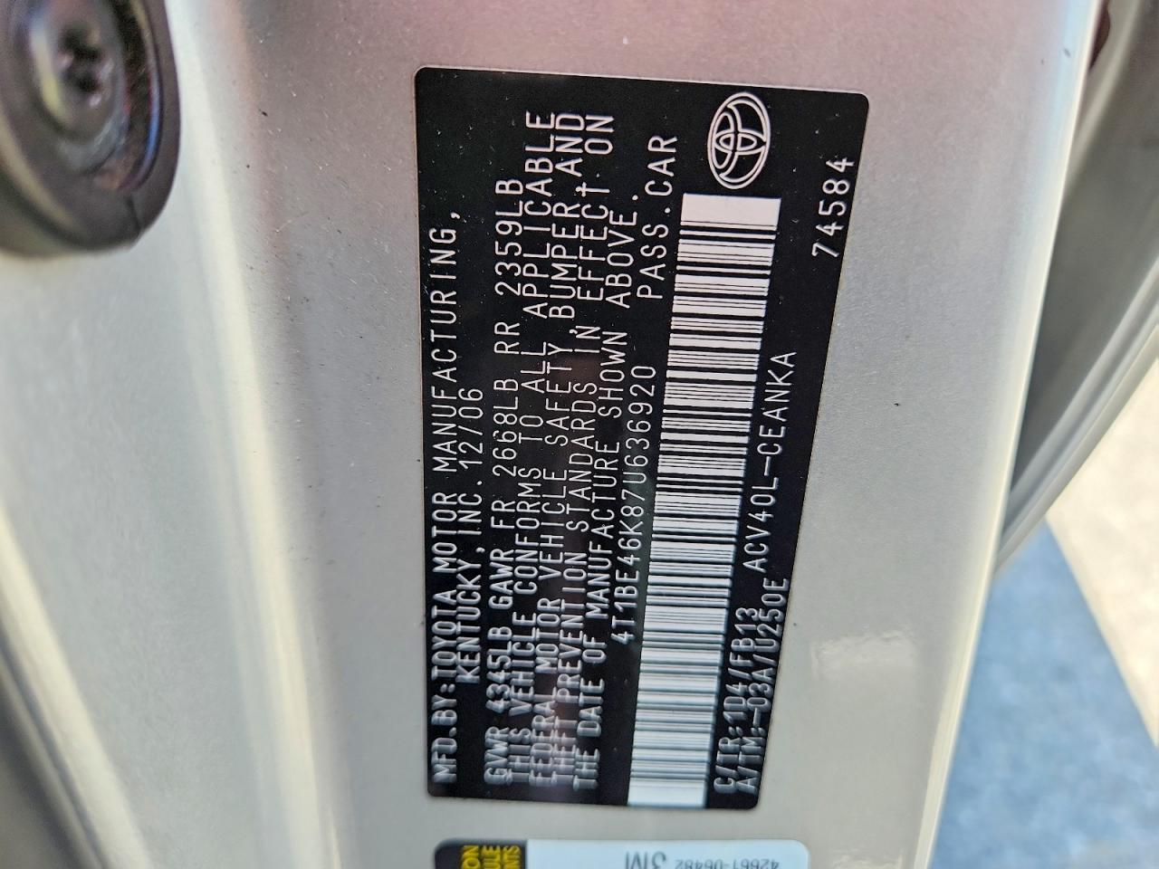 2007 Toyota Camry Le Silver vin: 4T1BE46K87U636920