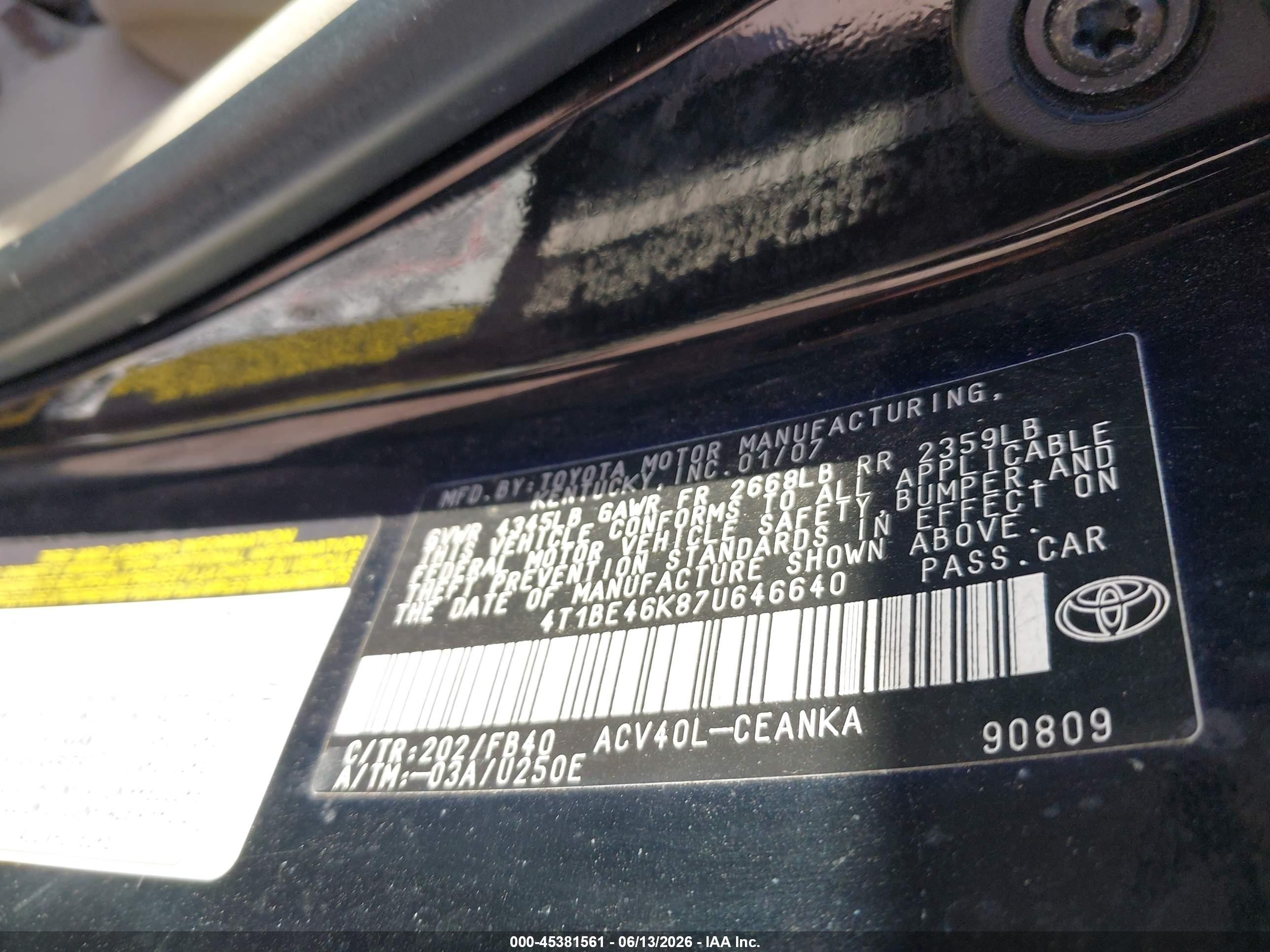 2007 Toyota Camry Ce Черный vin: 4T1BE46K87U646640