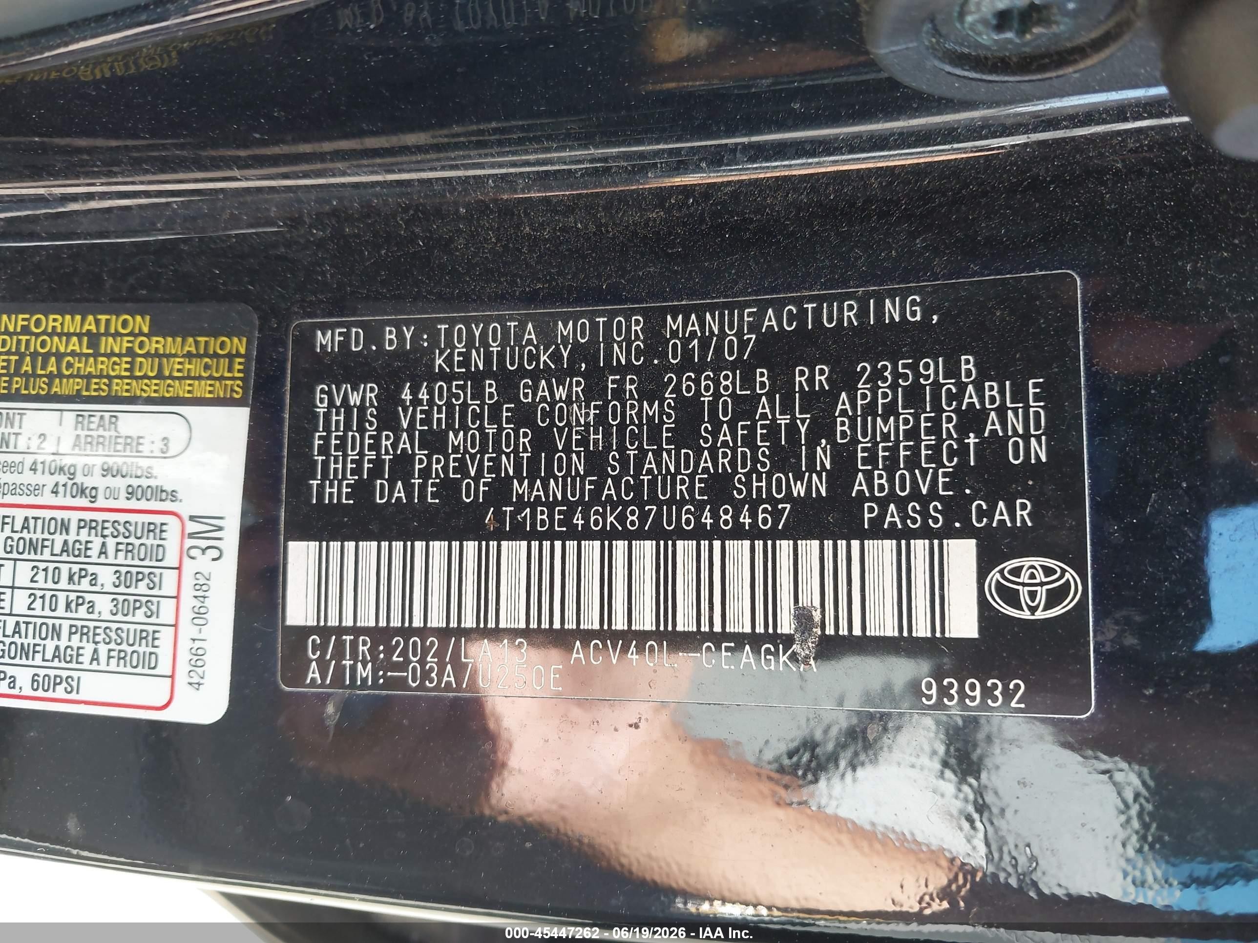 2007 Toyota Camry Xle Black vin: 4T1BE46K87U648467