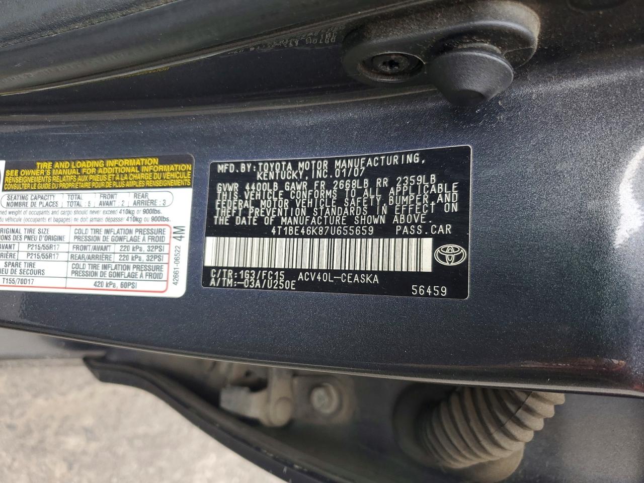 2007 Toyota Camry Se Gray vin: 4T1BE46K87U655659
