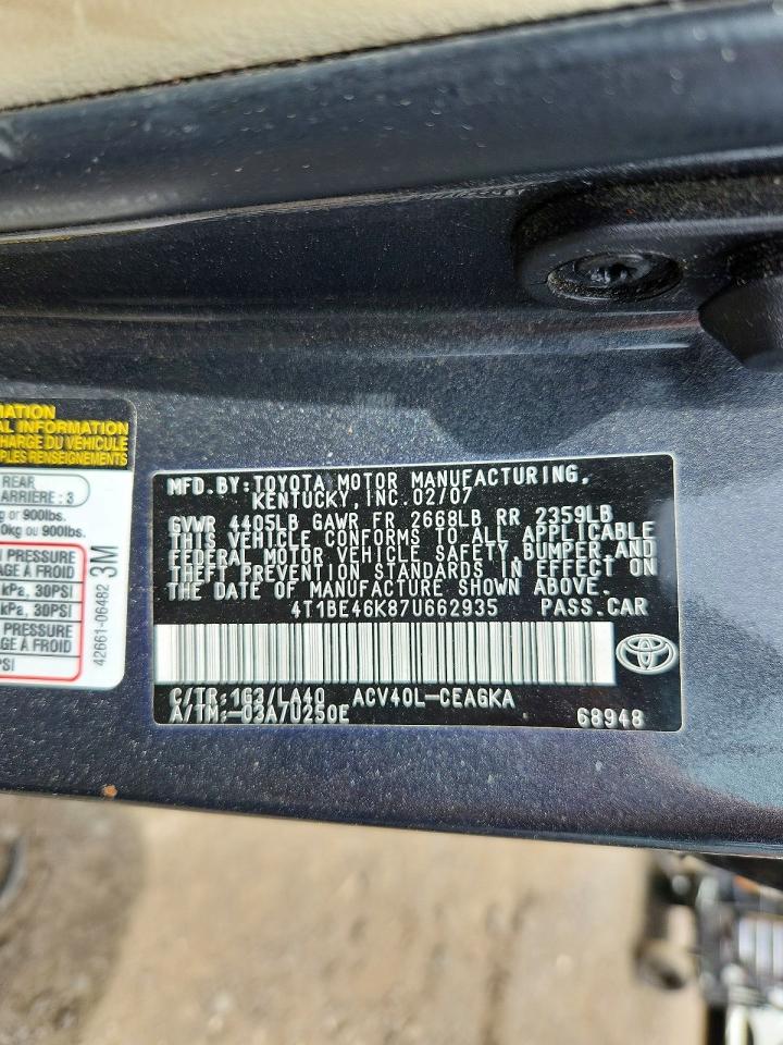 2007 Toyota Camry Xle Серый vin: 4T1BE46K87U662935
