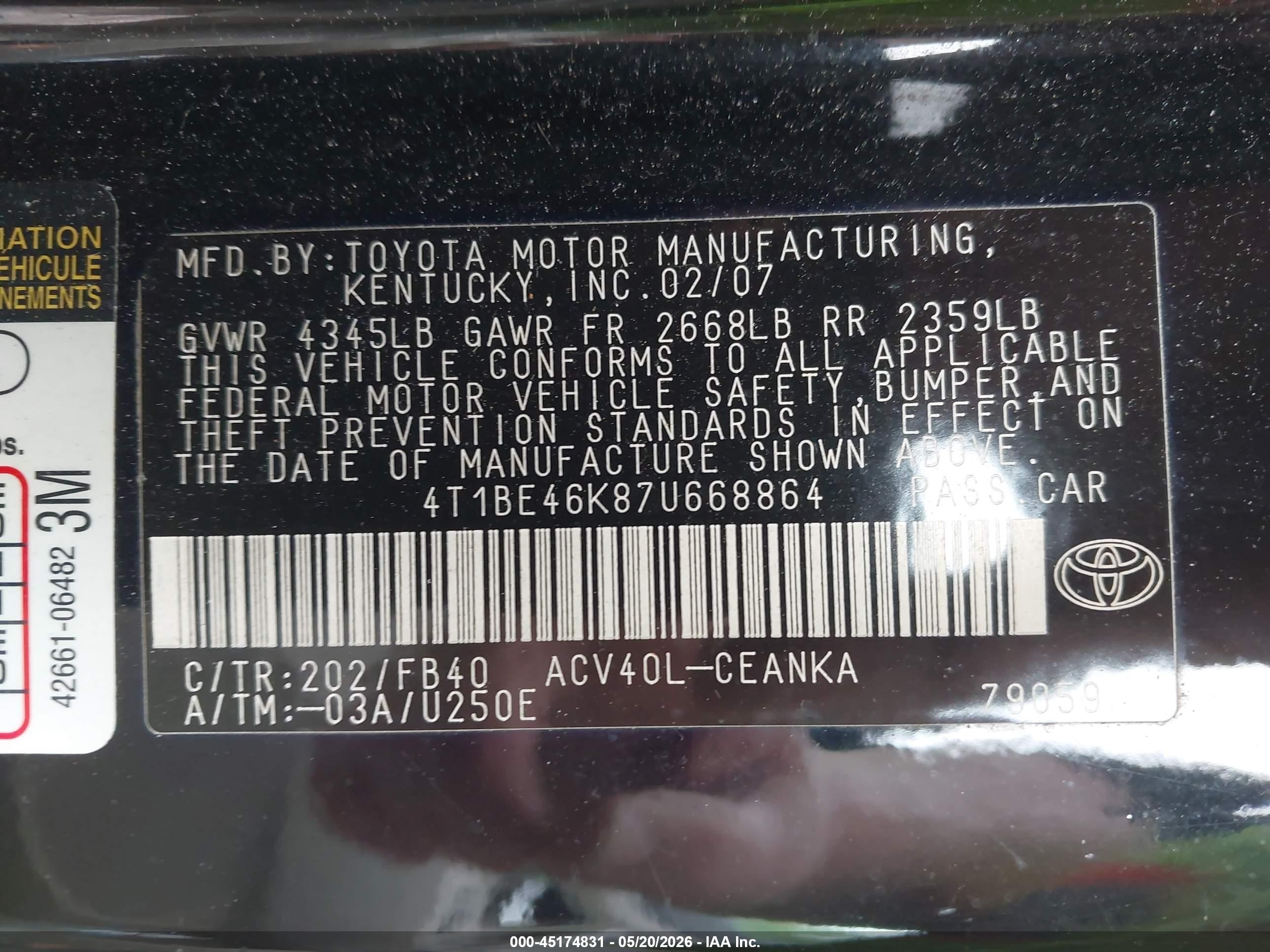 2007 Toyota Camry Le Черный vin: 4T1BE46K87U668864