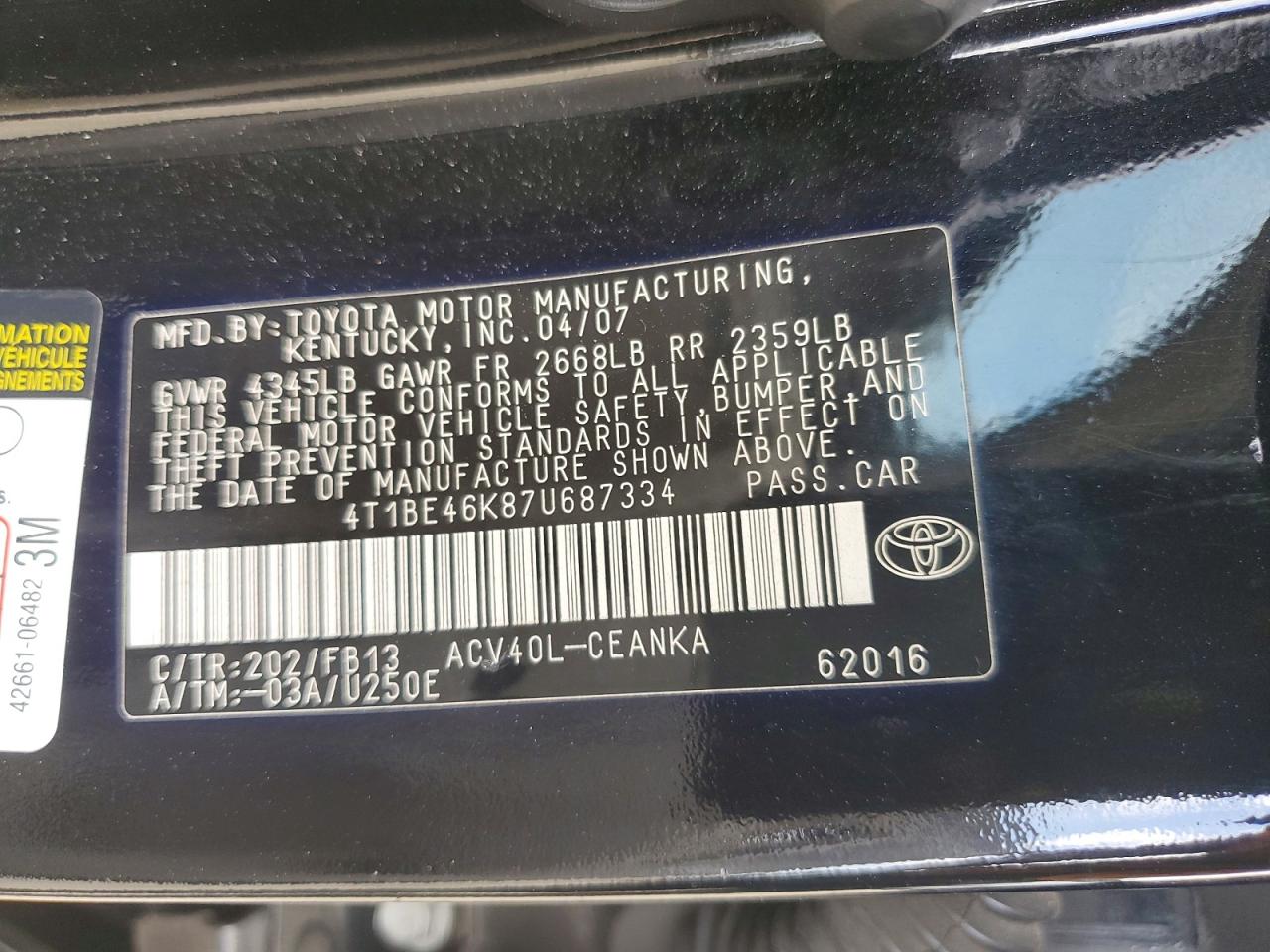 2007 Toyota Camry Le Black vin: 4T1BE46K87U687334