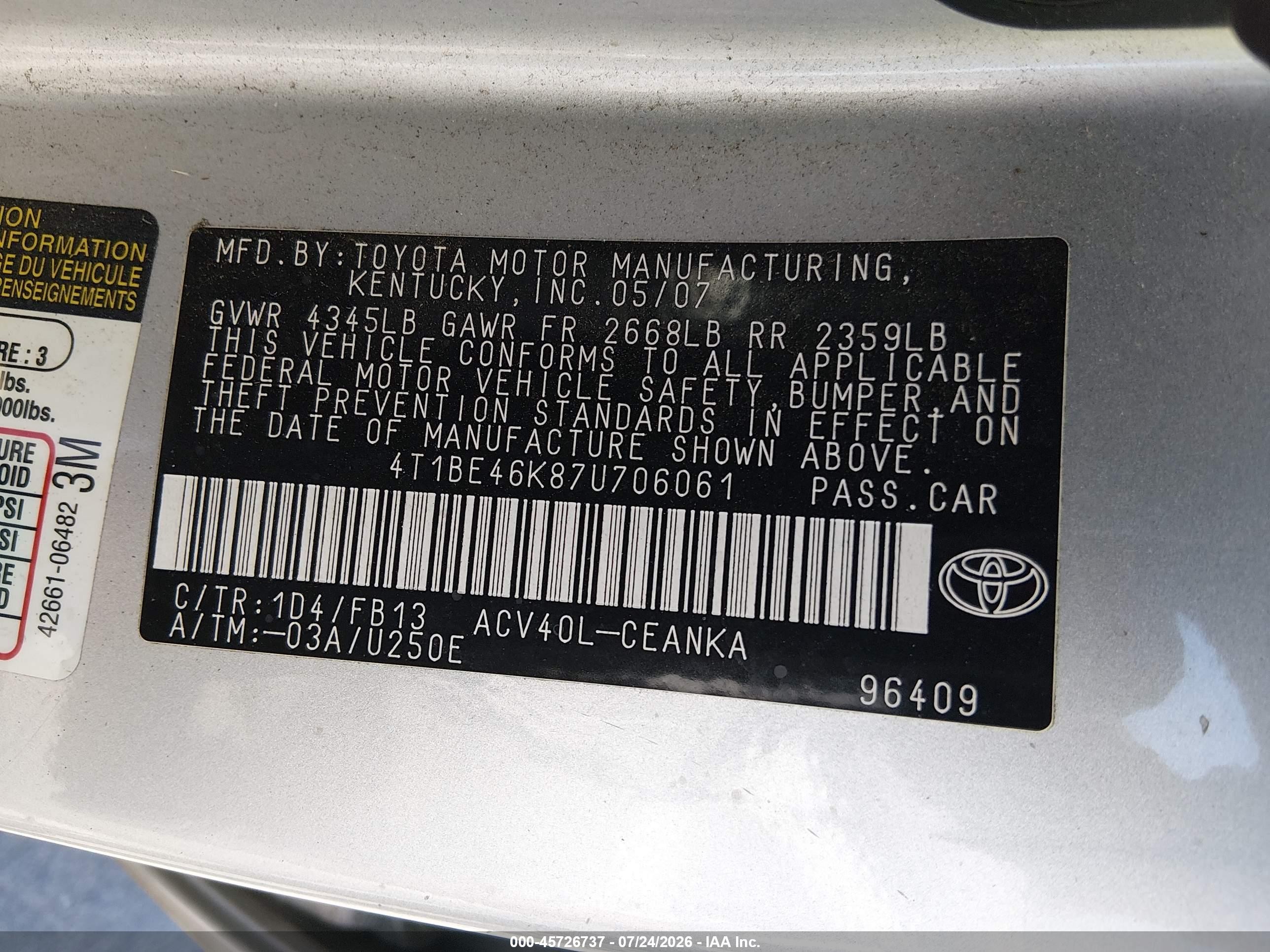 2007 Toyota Camry Le Серебряный vin: 4T1BE46K87U706061
