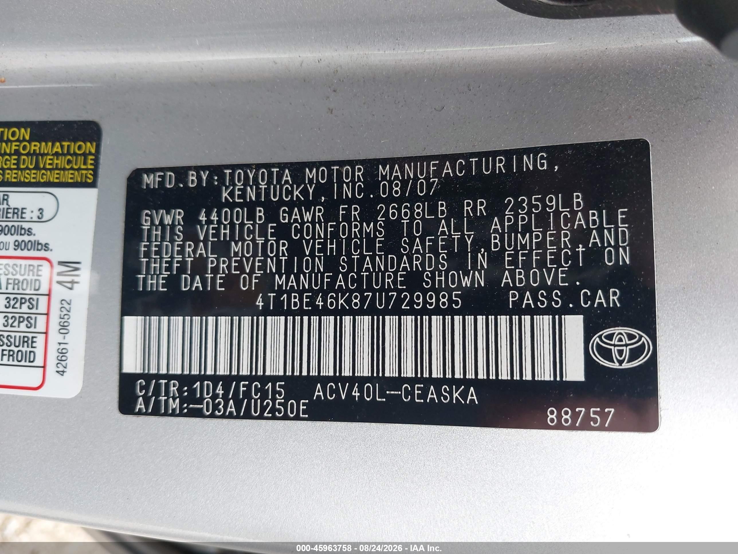 2007 Toyota Camry Se Silver vin: 4T1BE46K87U729985