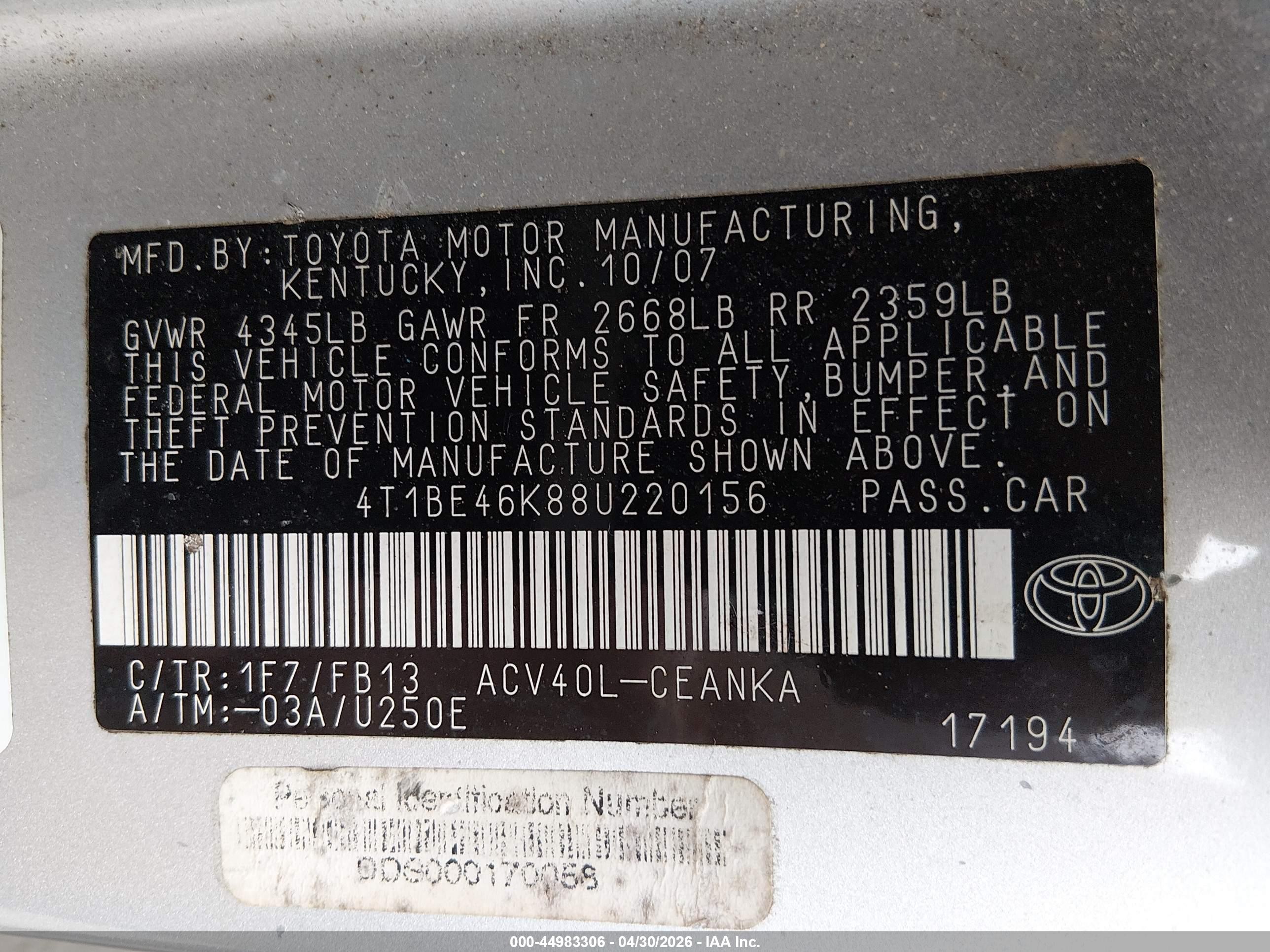 2008 Toyota Camry Le Silver vin: 4T1BE46K88U220156