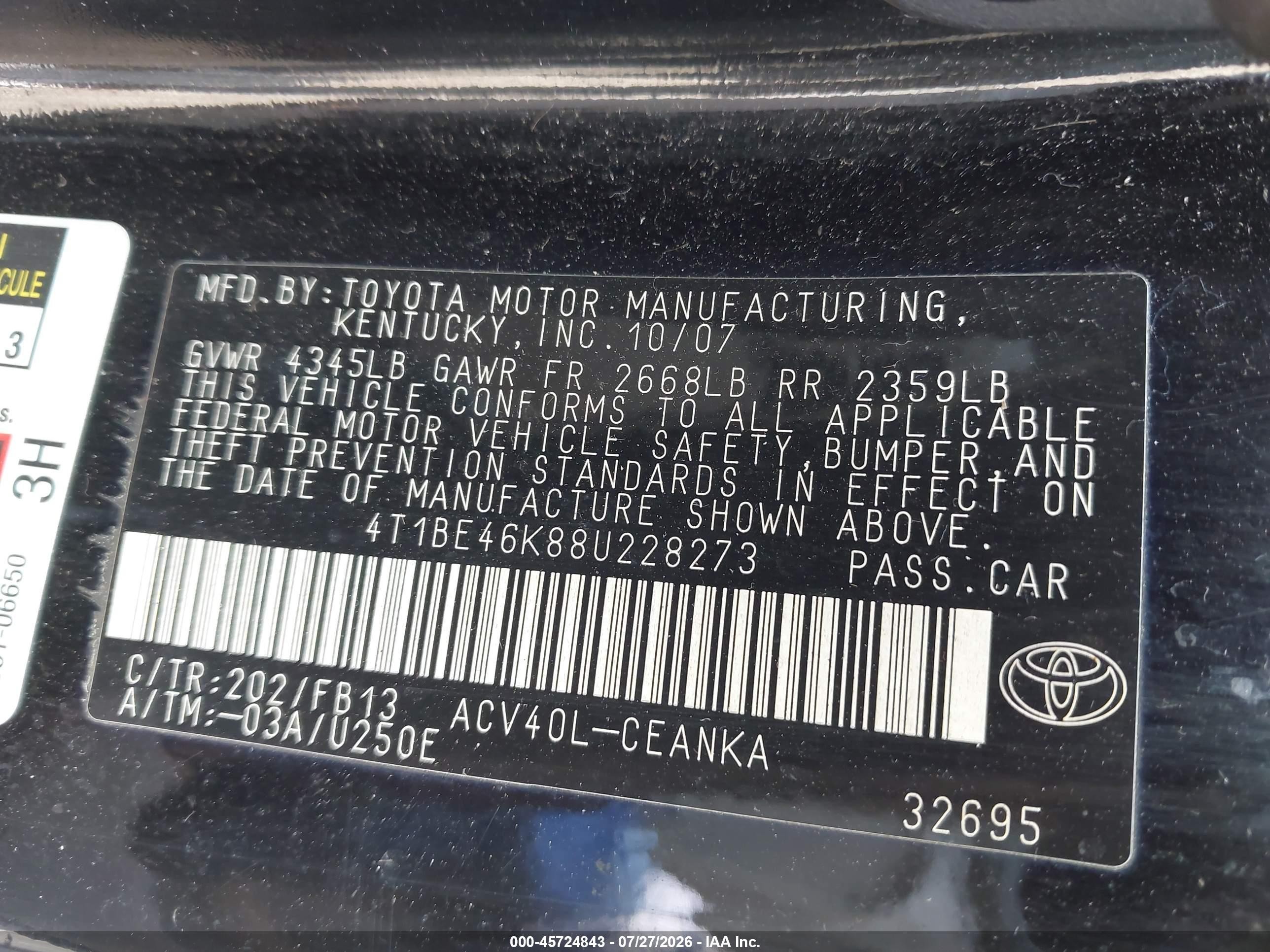 2008 Toyota Camry Le Black vin: 4T1BE46K88U228273