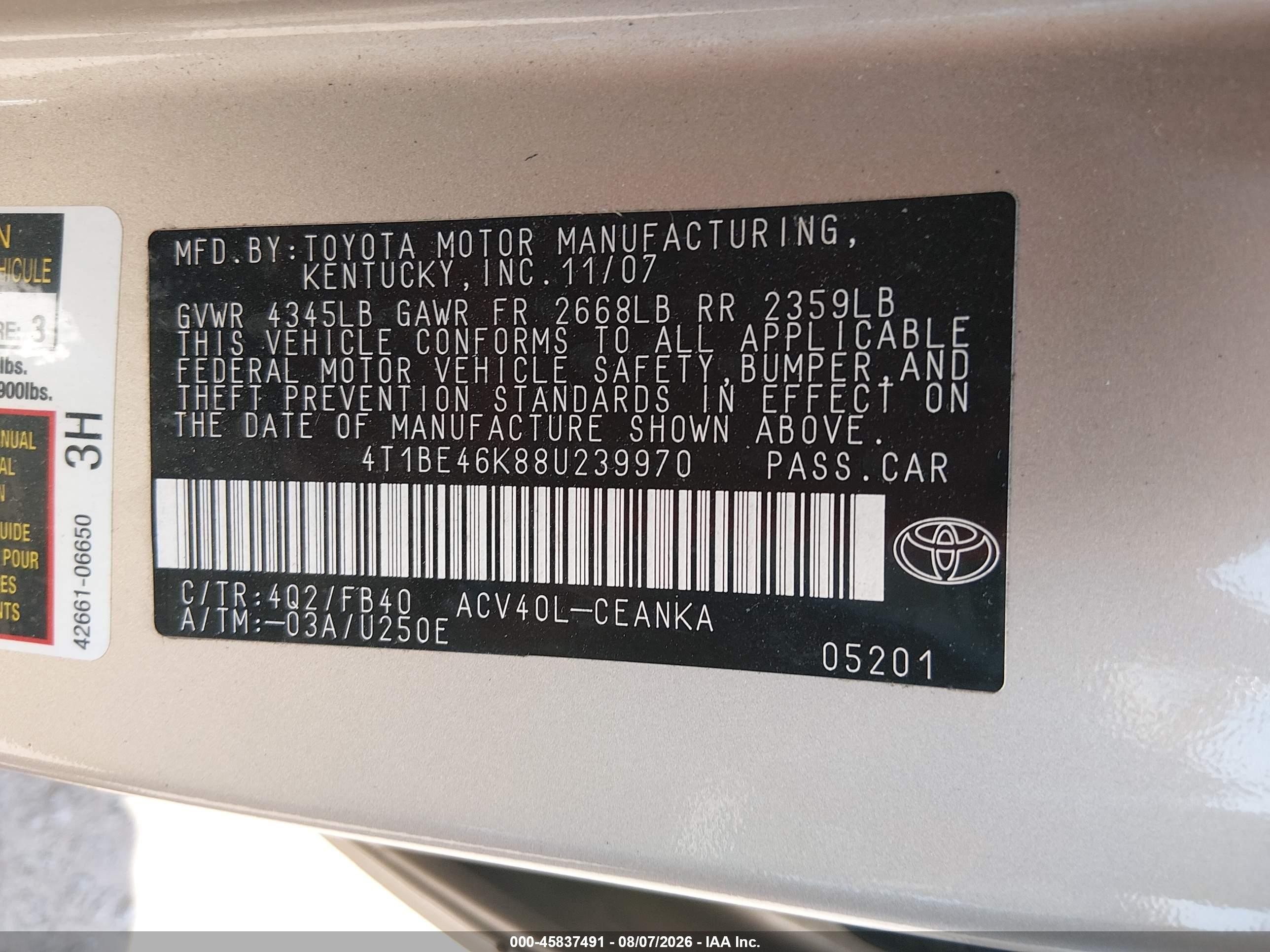 2008 Toyota Camry Le Beige vin: 4T1BE46K88U239970