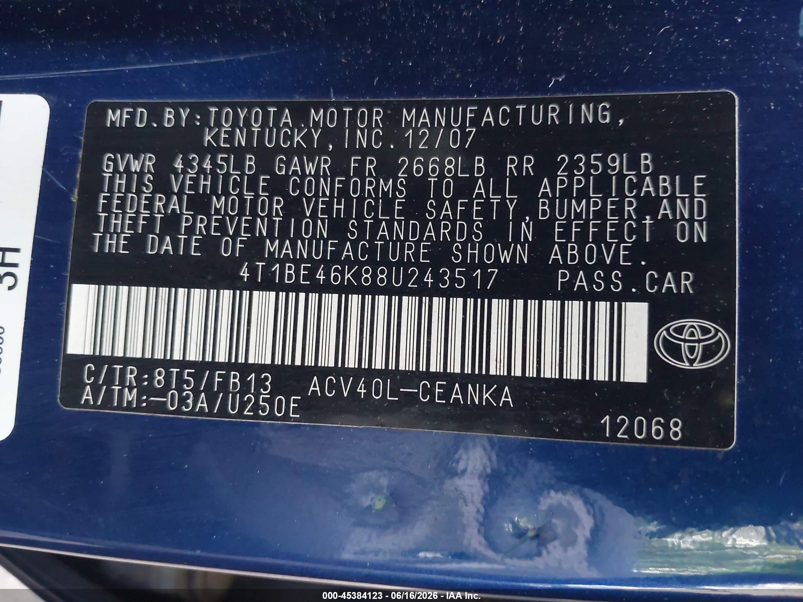 2008 Toyota Camry Le Blue vin: 4T1BE46K88U243517