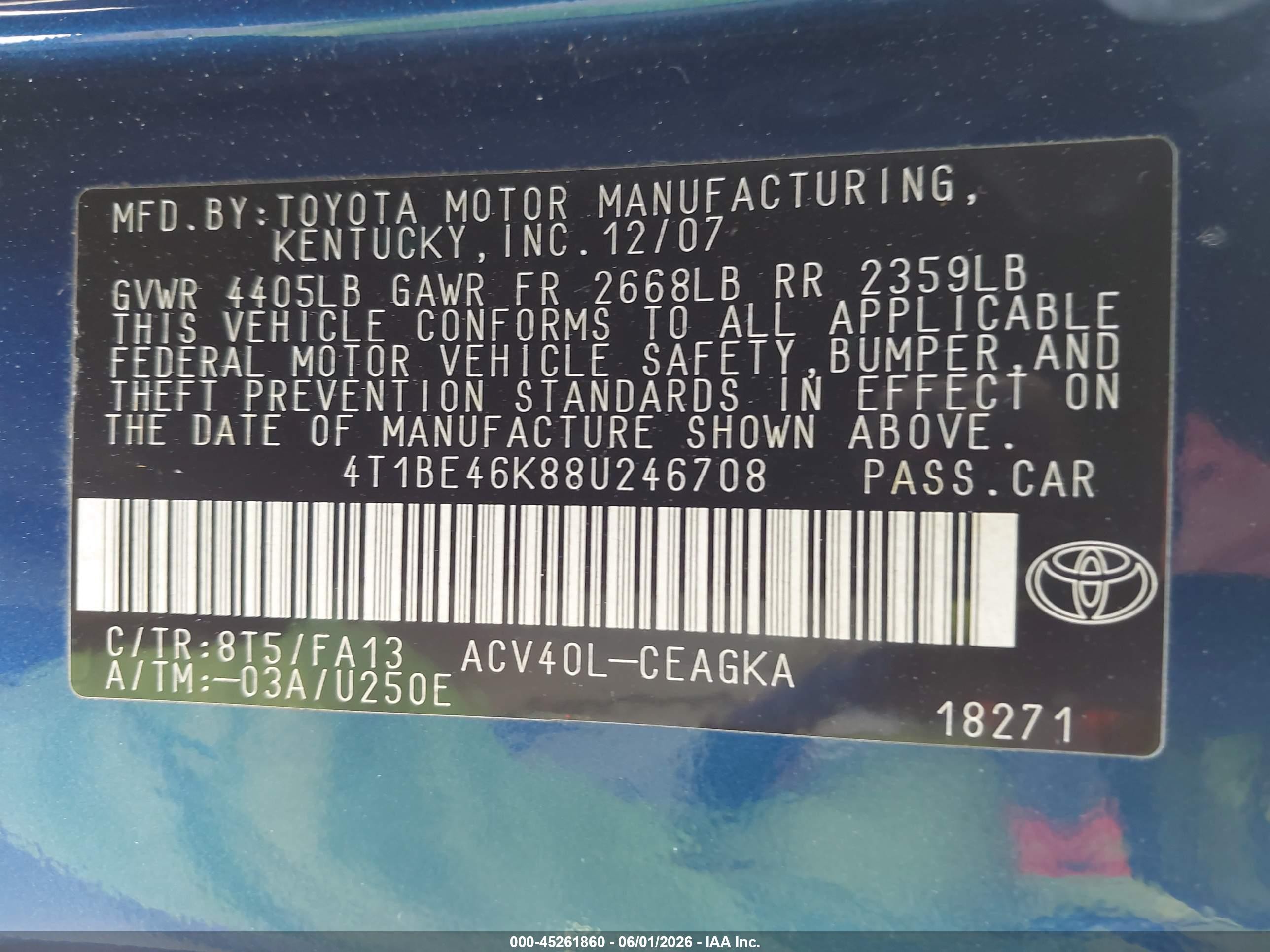2008 Toyota Camry Xle Blue vin: 4T1BE46K88U246708