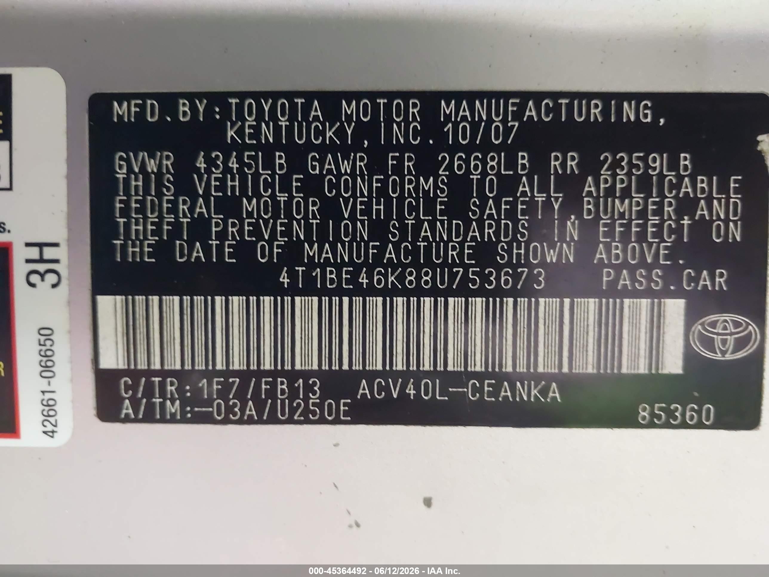 2008 Toyota Camry   Silver vin: 4T1BE46K88U753673
